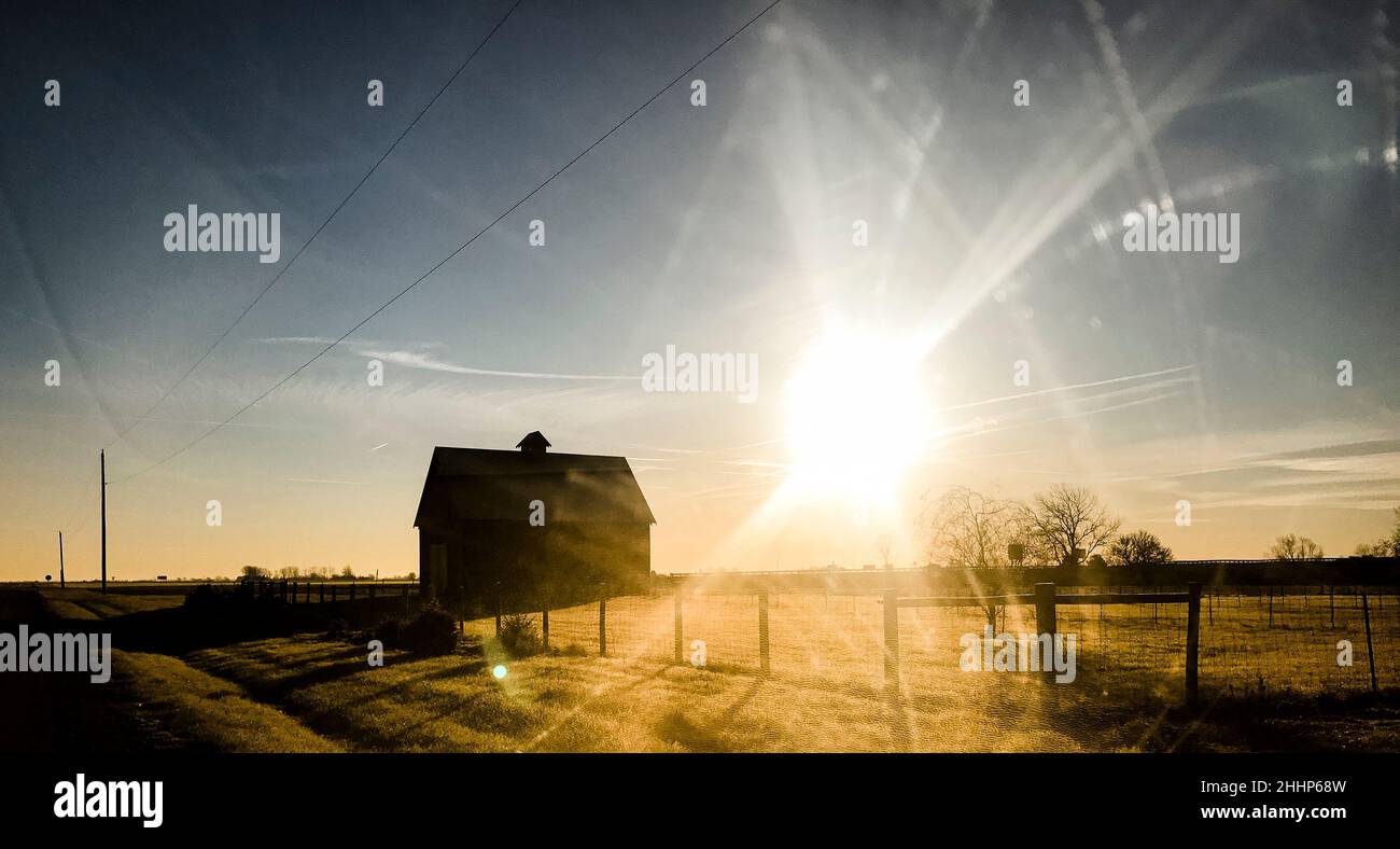 Illinois rural barn at sunset Stock Photo