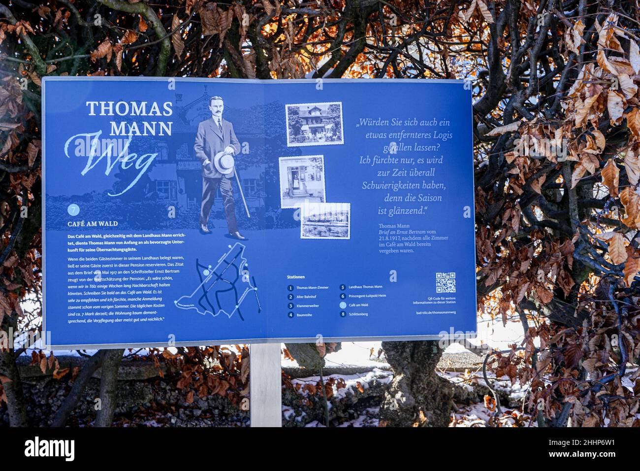 The Thomas Mann Trail shows at stations panels in book form with pictures and texts which experiences connect Thomas Mann and his family with Bad Tölz. Stock Photo