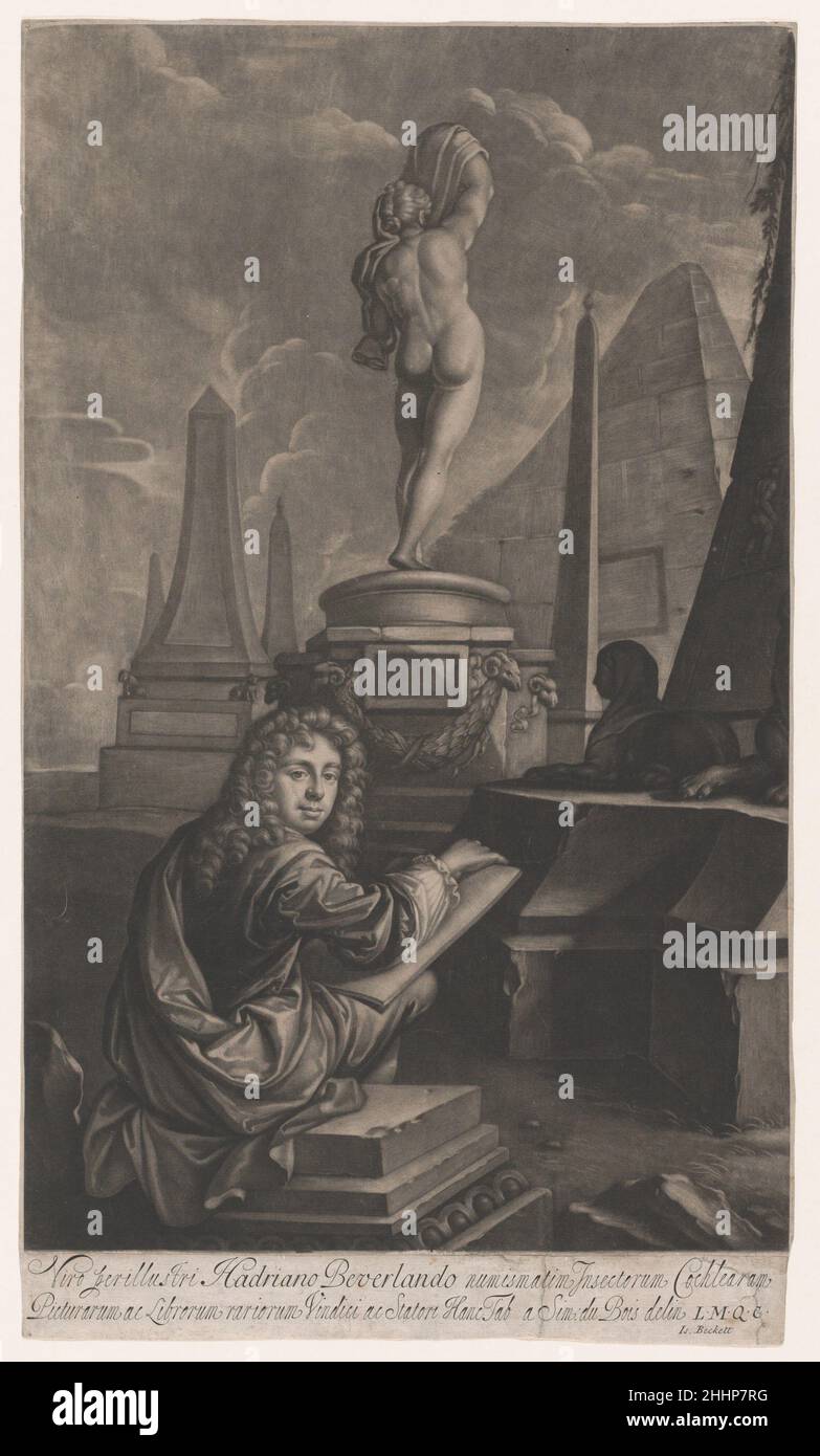 Portrait of Adrian Beverland Drawing a Statue of Callipygian Venus 1686 Isaac Beckett Satirical printmaking began in Britain around the time this mezzotint was made and the engraver, Beckett, was one of the first native-born masters of the medium. This image mocks a Dutch jurist and scholar, Adrian Beverland whose licentious reputation is indicated by showing him sketching the Callipygian Venus surrounded by phallic obelisks. Beverland's controversial book on original sin, “De Peccato originali” (1678), had resulted in his expulsion from the University of Leiden and brief imprisonment. After m Stock Photo