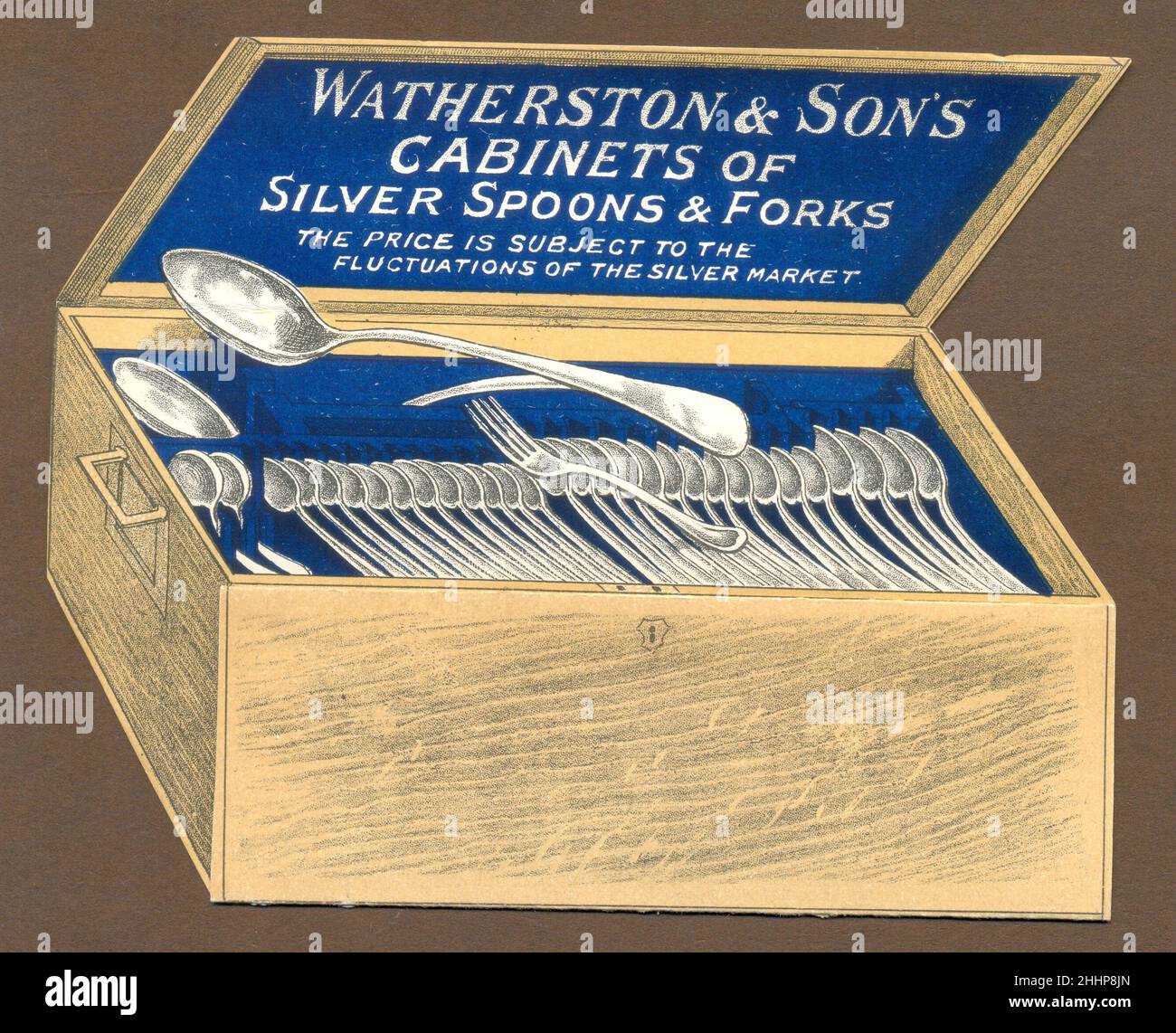 Folding die cut advertisement for Watherston & Sons Cabinets of Silver Spoons & Forks circa 1895 Stock Photo