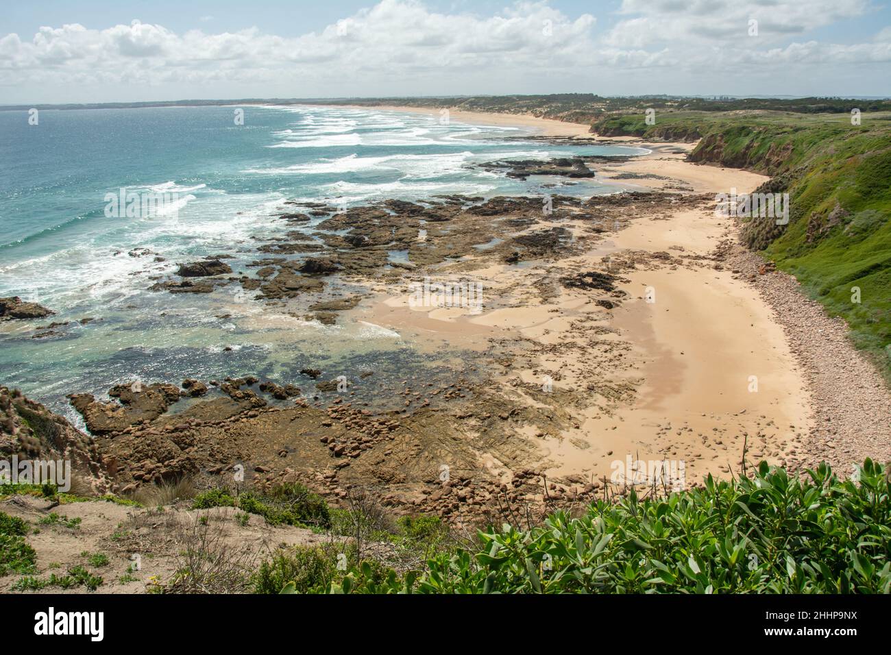 View of the Cape Woolamai Surf Beach and blue waters of the Bass Strait, Phillip Island, Victoria, Australia Stock Photo