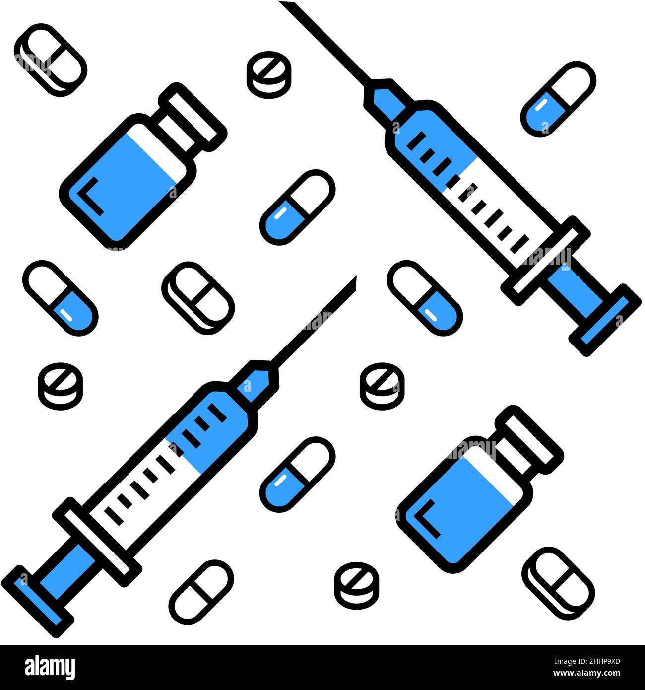 Syringe and vial, pills vitamins seamless pattern Stock Vector