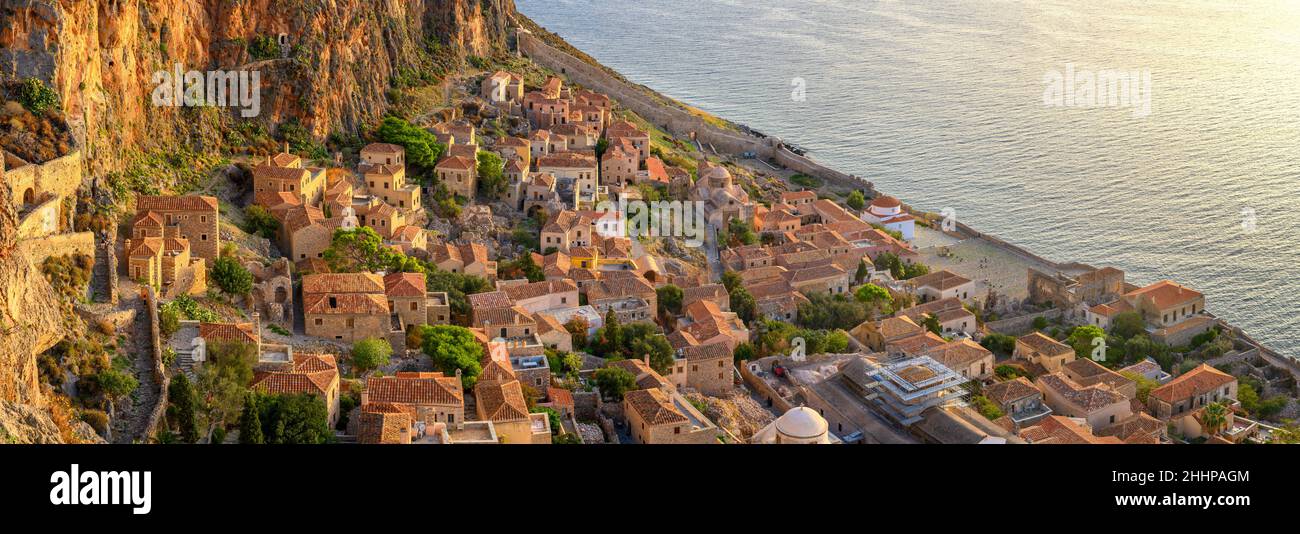 picturesque parorama old medieval castle town of Monemvasia in Lakonia at sunrise, Peloponnese, Greece. 'Greek Gibraltar' Stock Photo