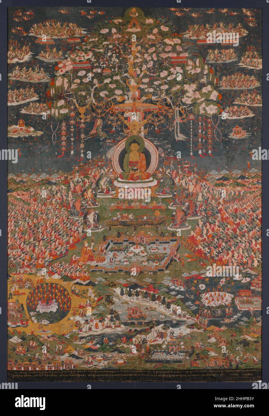 Amitabha, the Buddha of the Western Pure Land (Sukhavati) ca. 1700 Central Tibet Amitayus, the Buddha of Eternal Life, is also known as Amitabha, one of the five Cosmic Buddhas of Esoteric Buddhism. He is shown in his paradise, Sukhavati, the Western Pure Land, enthroned beneath a flowering tree festooned with strands of jewels and auspicious symbols. To either side the sky is filled with throngs of ecstatic demigods who bear offerings and scatter flowers. Seated below are the eight great bodhisattvas, and between them are two large, low tables covered with offerings. To either side are the va Stock Photo