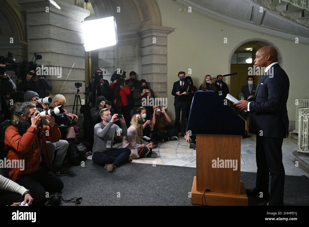 New York City Mayor Eric Adams holds a press conference announcing a ...