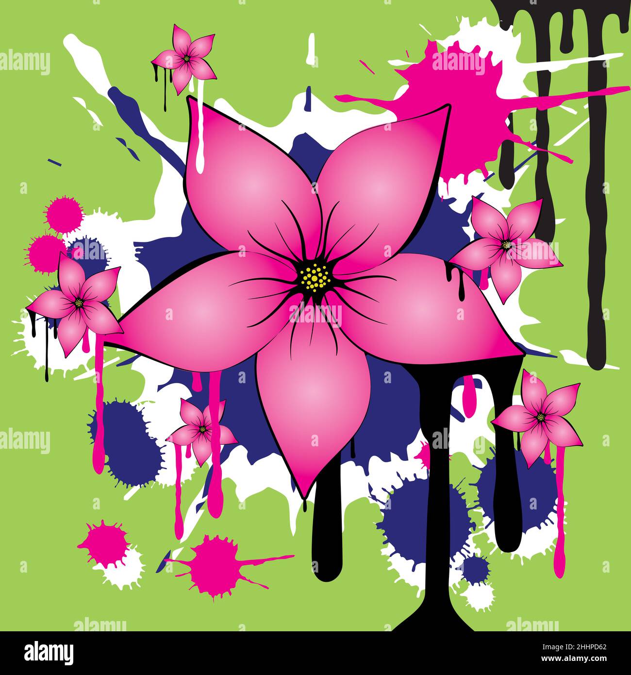 A decorative grunge and flower graffiti art. In the middle is a big pink flower with five petals. In the back are drippings and ink spots. Stock Vector
