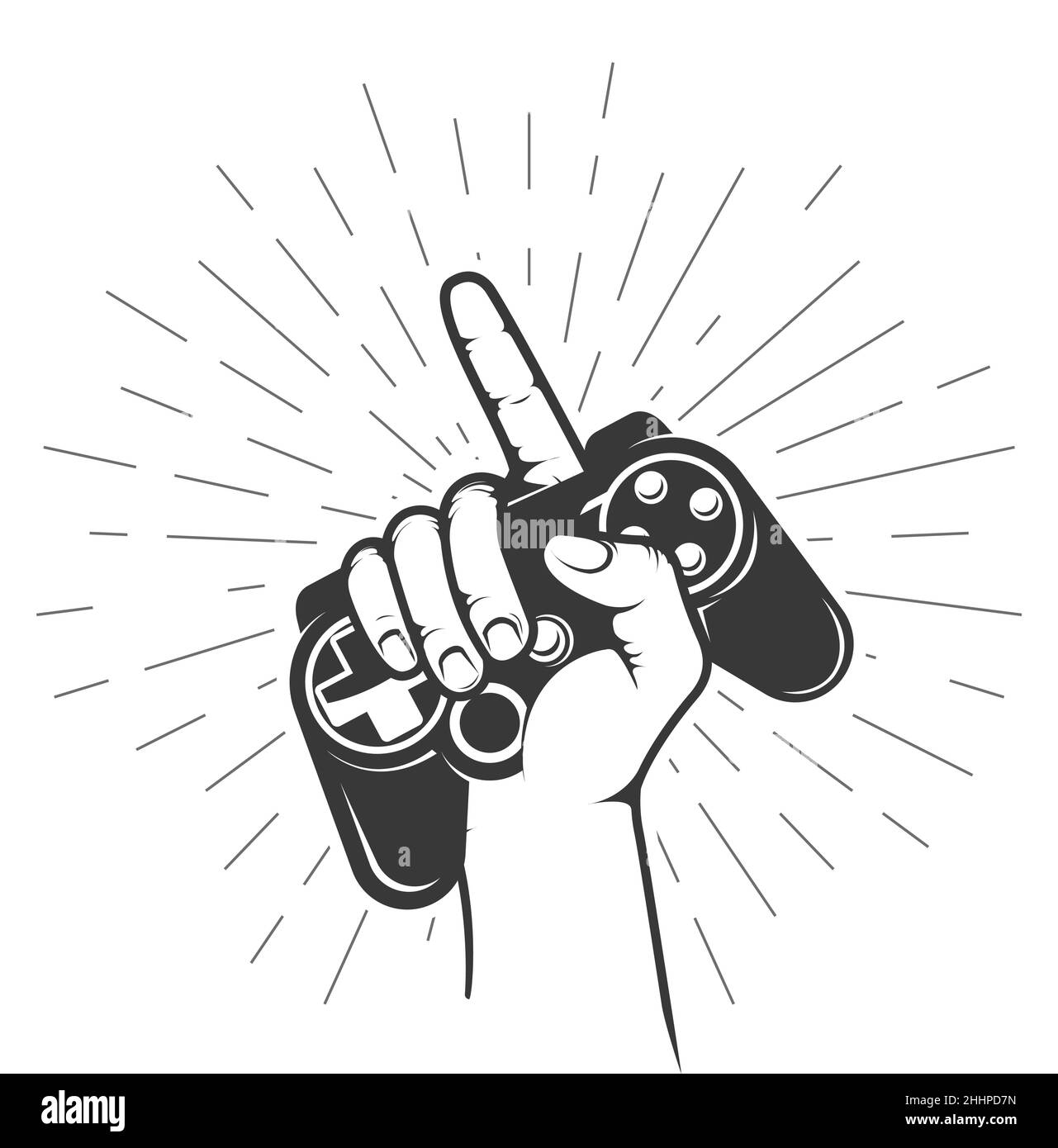 Gamepad palmed in gamer hand with pointing finger gesture, retro game controller or joystick squeezed in hand, vector Stock Vector