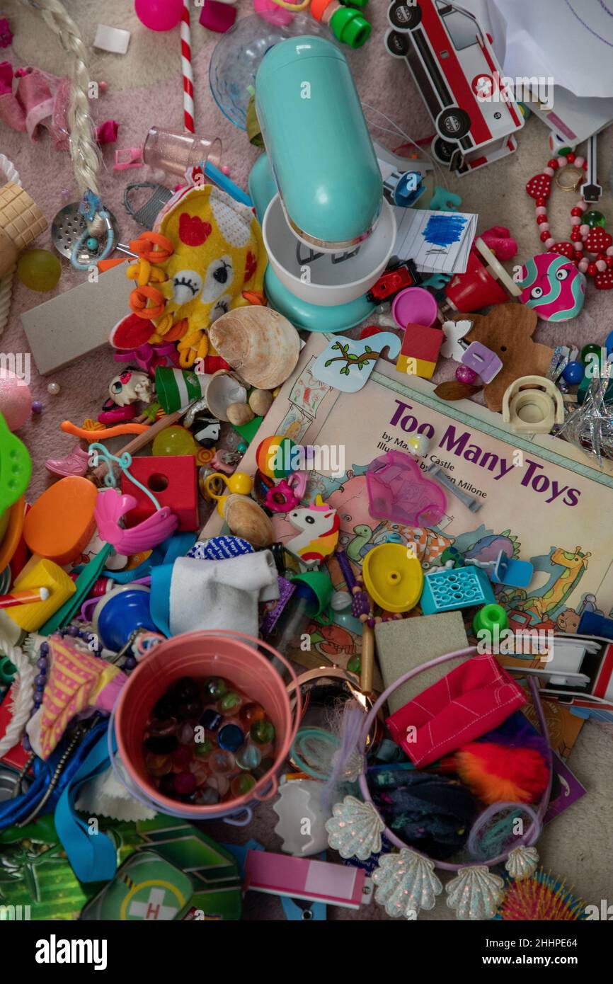 Assorted miscellaneous small children’s toys on a carpet and a book entitled 'Too Many Toys' Stock Photo
