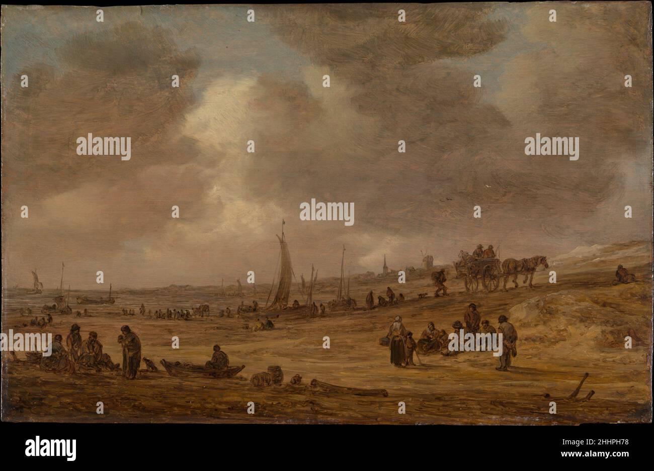 A Beach with Fishing Boats probably 1653 Jan van Goyen Dutch The date on this thinly painted panel is almost certainly 1653, the last year in which Van Goyen is known to have painted beach scenes (the first known example is dated 1632). At seaside villages the beach was something akin to the market square, with villagers gathered to greet the fresh catch and to chat at the end of the workday.. A Beach with Fishing Boats  438374 Stock Photo