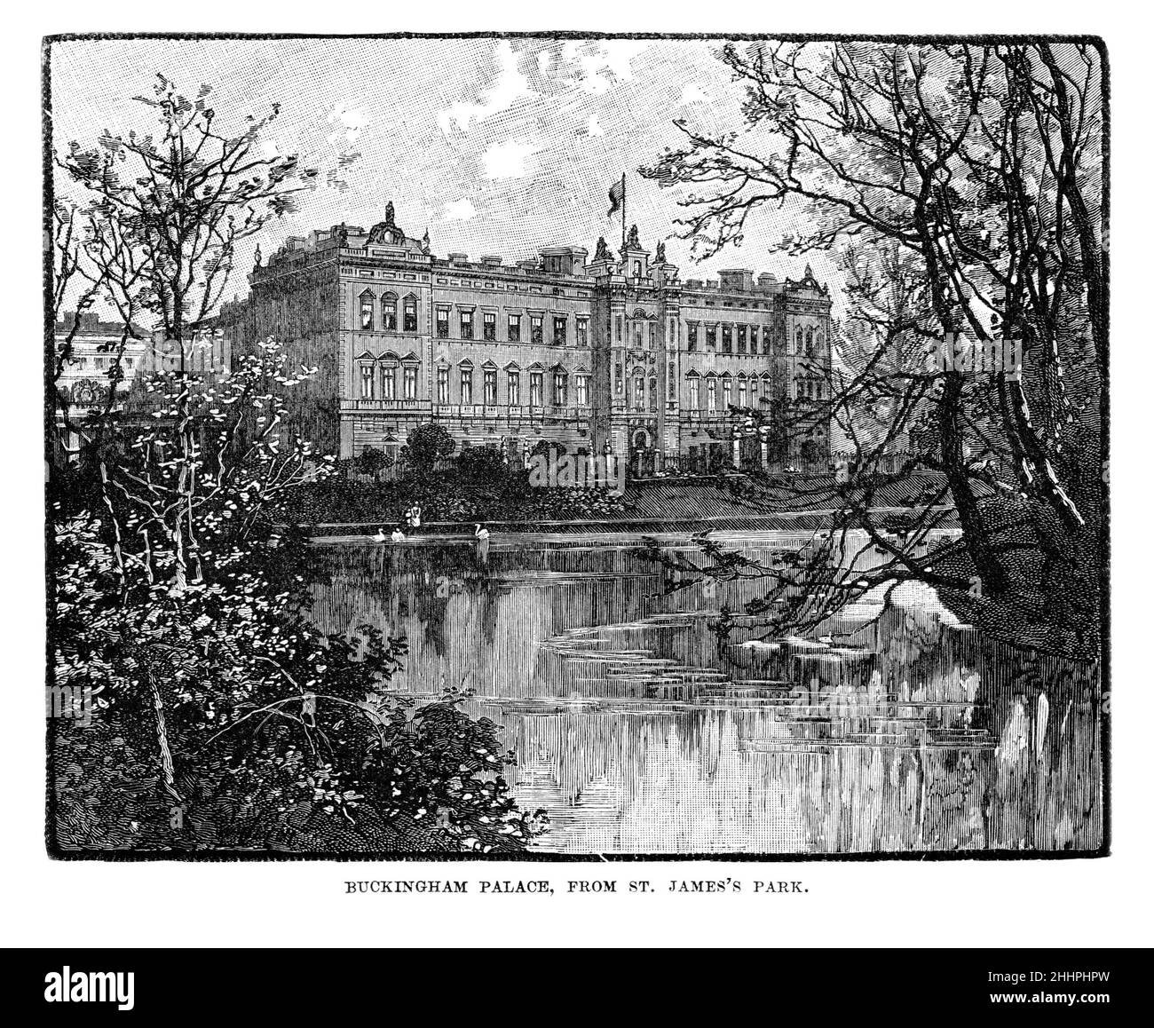Black and White Illustration; Buckingham Palace from St Jame's Park, London, circa 1885 Stock Photo