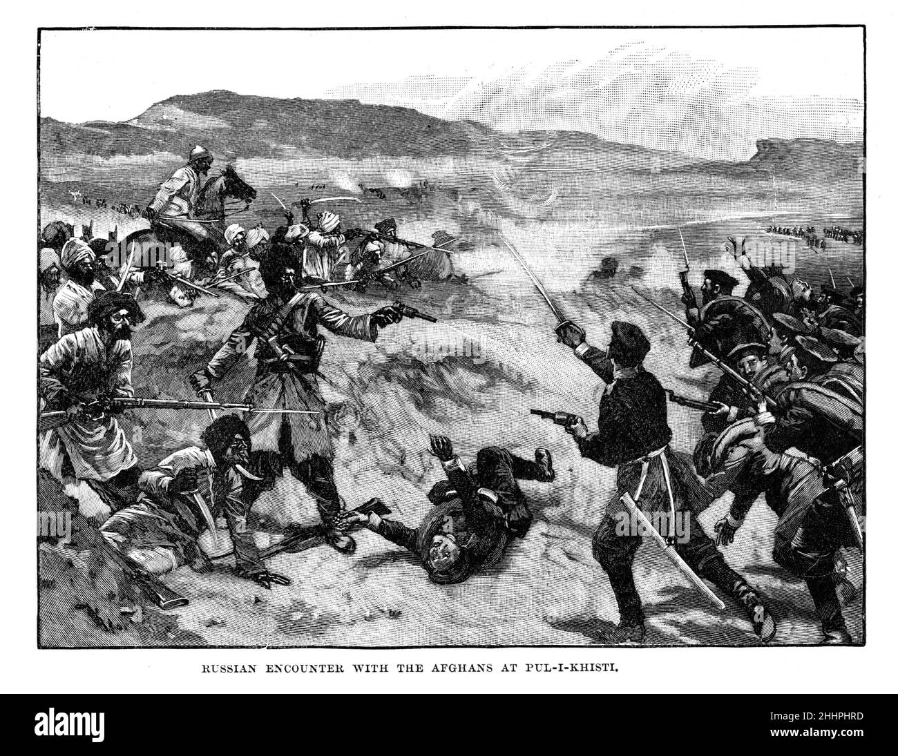 Black and White Illustration; Russian encounter with the Afghans at Pul-I-Khisti, First Anglo-Afghan War Stock Photo