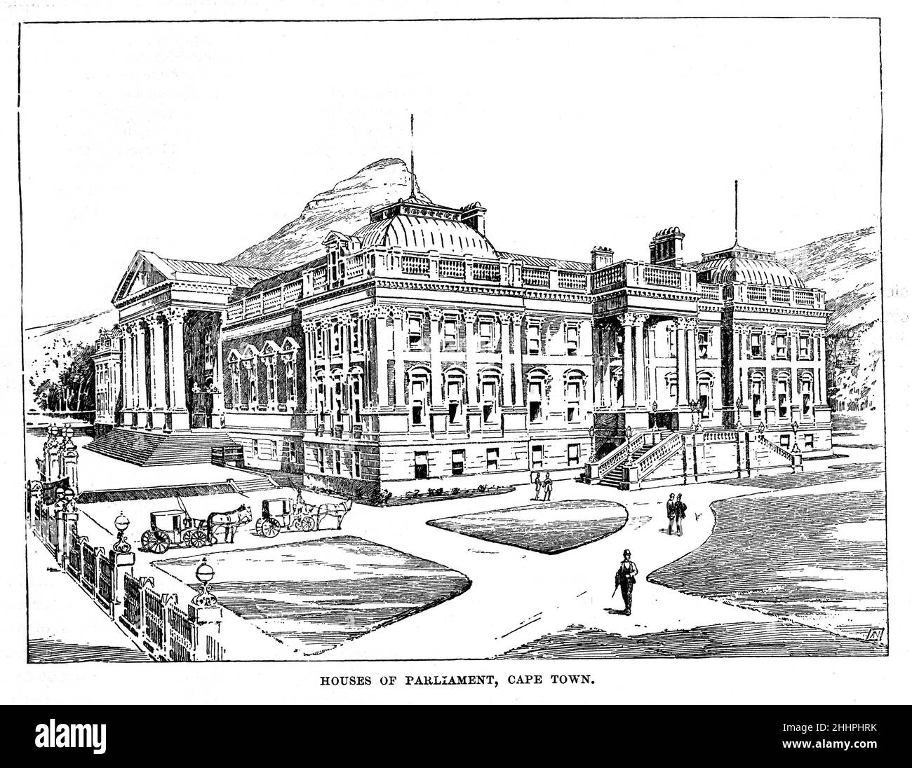 Black and White Illustration; Houses of Parliament, Cape Town, South Africa circa 1885 Stock Photo