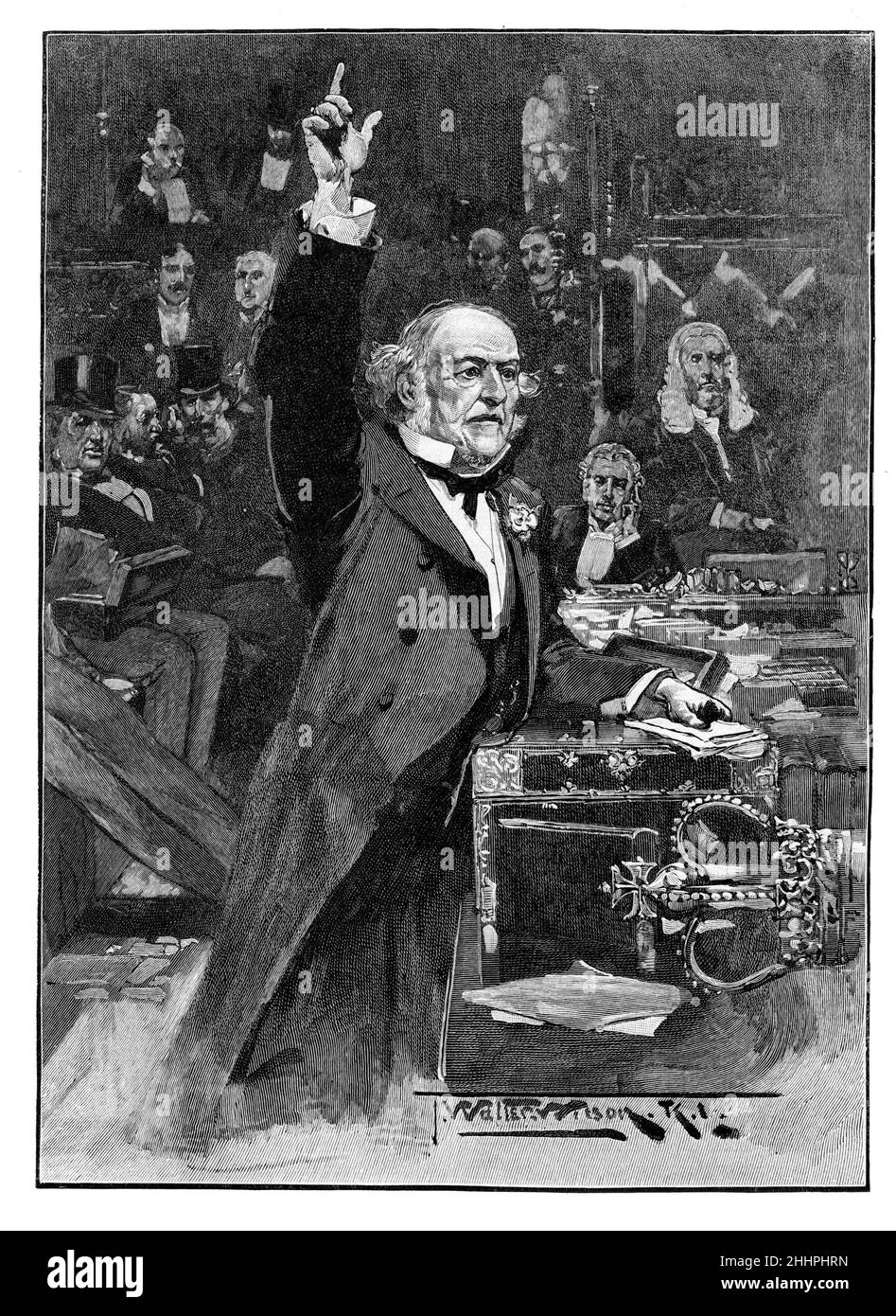 Black and White Illustration; William Ewart Gladstone at the dispatch box, House of Commons 8th April 1886 delivering his speech in support of the Fir Stock Photo