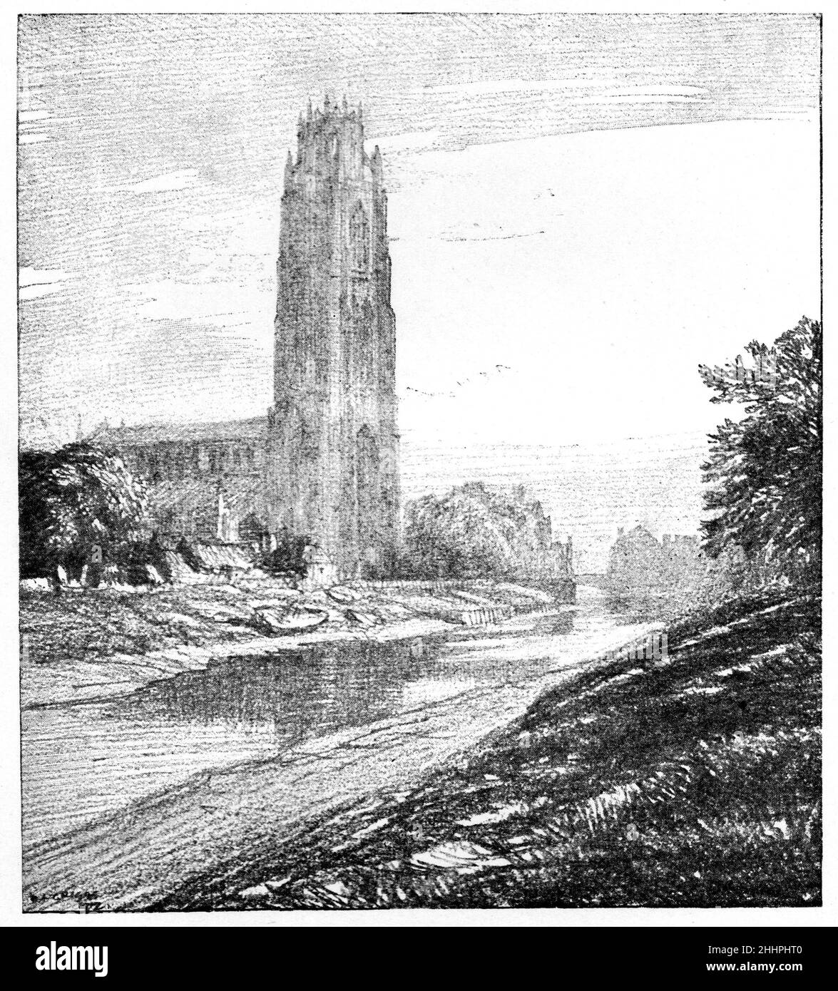 Black and White Illustration; St Botolph's Church, Boston, Lincolnshire; Drawing by Frederick Landseer Maur Griggs; circa 1910 Stock Photo