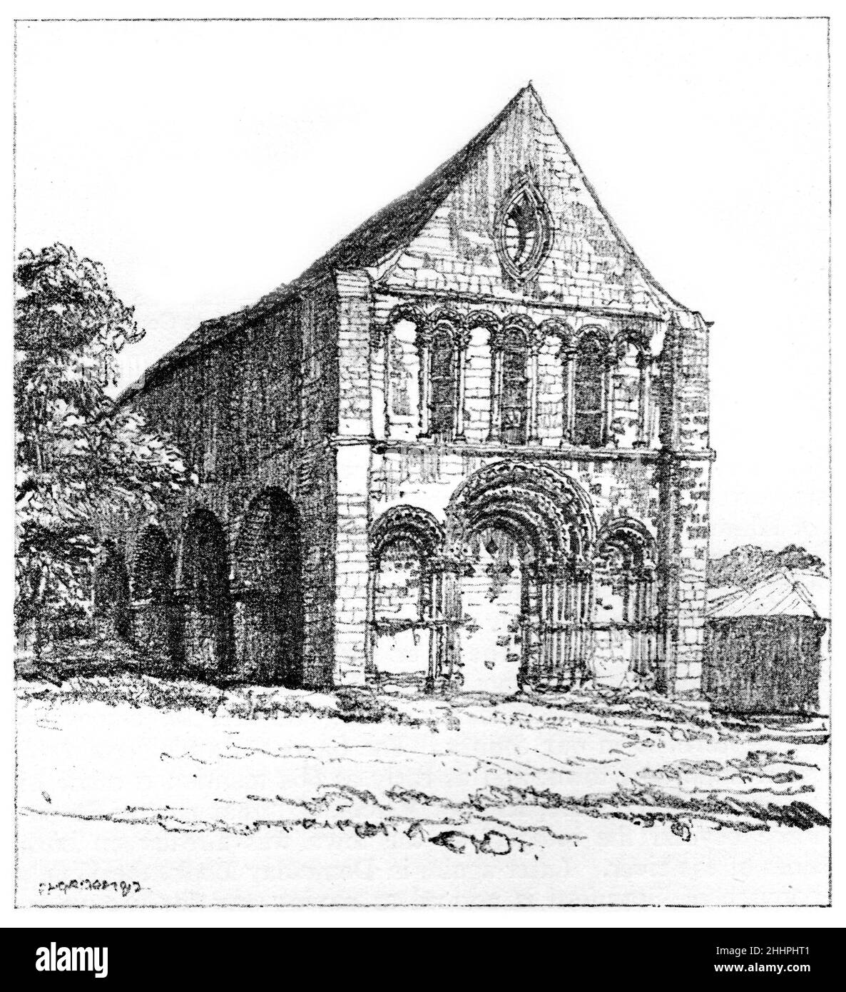 Black and White Illustration; Remains of St Leonard's Priory, Stamford, Lincolnshire; Drawing by Frederick Landseer Maur Griggs; circa 1910 Stock Photo