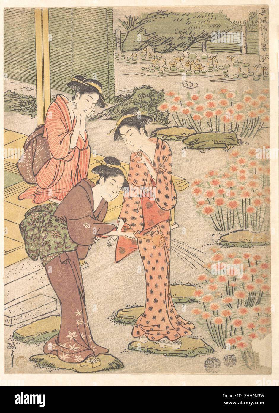 Three Young Women in a Garden where Nadeshiko Pinks are Growing ca. 1790 Kuwagata Keisai Japanese. Three Young Women in a Garden where Nadeshiko Pinks are Growing. Kuwagata Keisai (Japanese, 1764–1824). Japan. ca. 1790. Woodblock print; ink and color on paper. Edo period (1615–1868). Prints Stock Photo