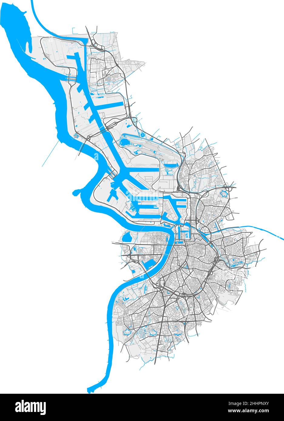 Antwerp, Antwerp, Belgium high resolution vector map with city boundaries and editable paths. White outlines for main roads. Many detailed paths. Blue Stock Vector