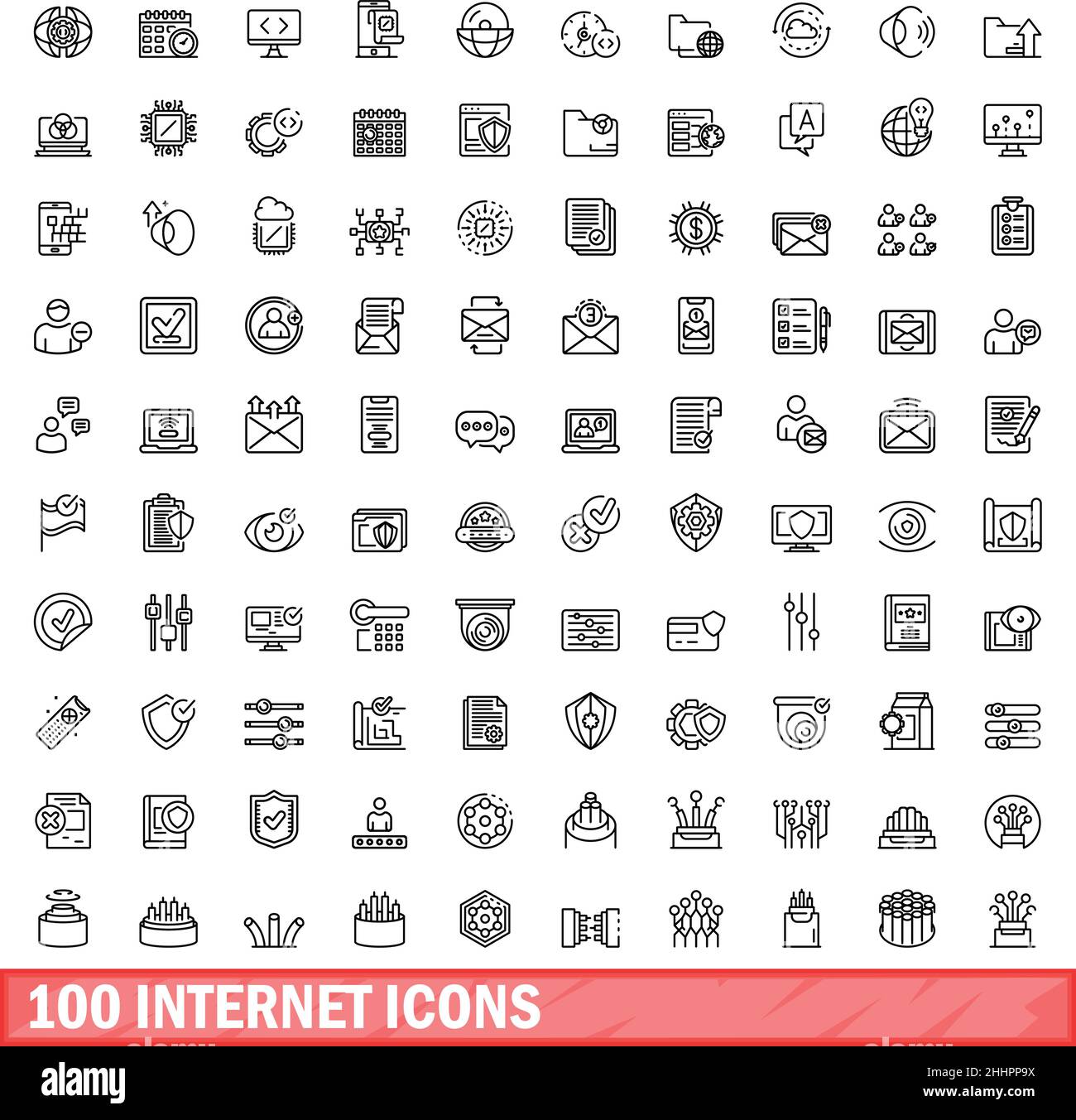 100 internet icons set. Outline illustration of 100 internet icons vector set isolated on white background Stock Vector
