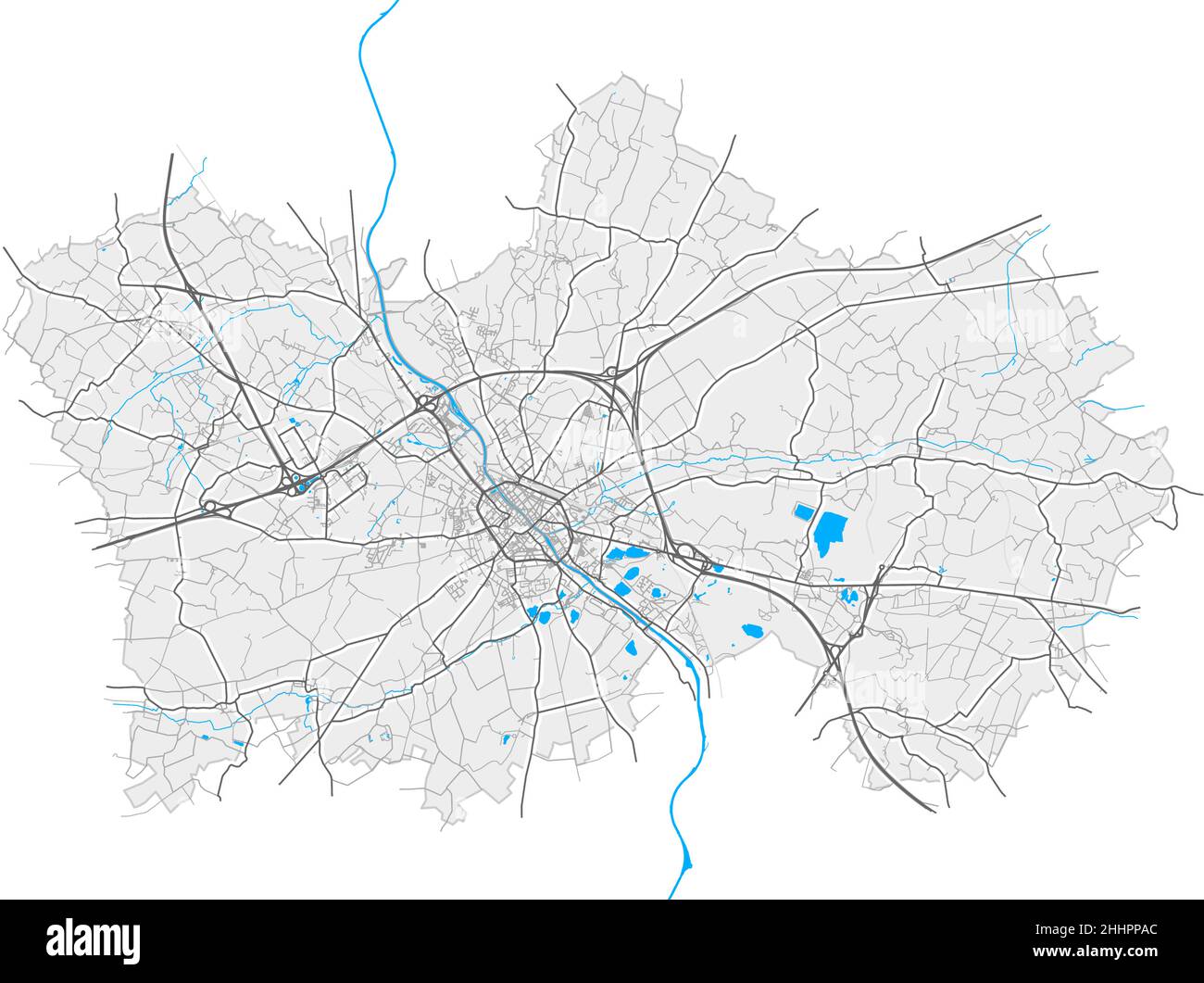 Tournai, Hainaut, Belgium high resolution vector map with city boundaries and editable paths. White outlines for main roads. Many detailed paths. Blue Stock Vector