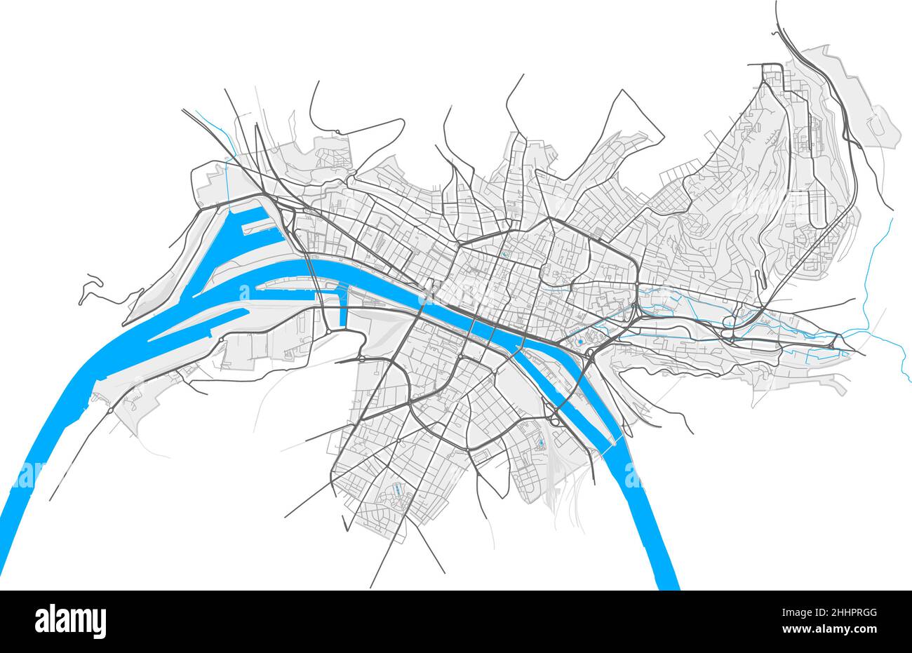 Rouen, Seine-Maritime, France high resolution vector map with city boundaries and editable paths. White outlines for main roads. Many detailed paths. Stock Vector