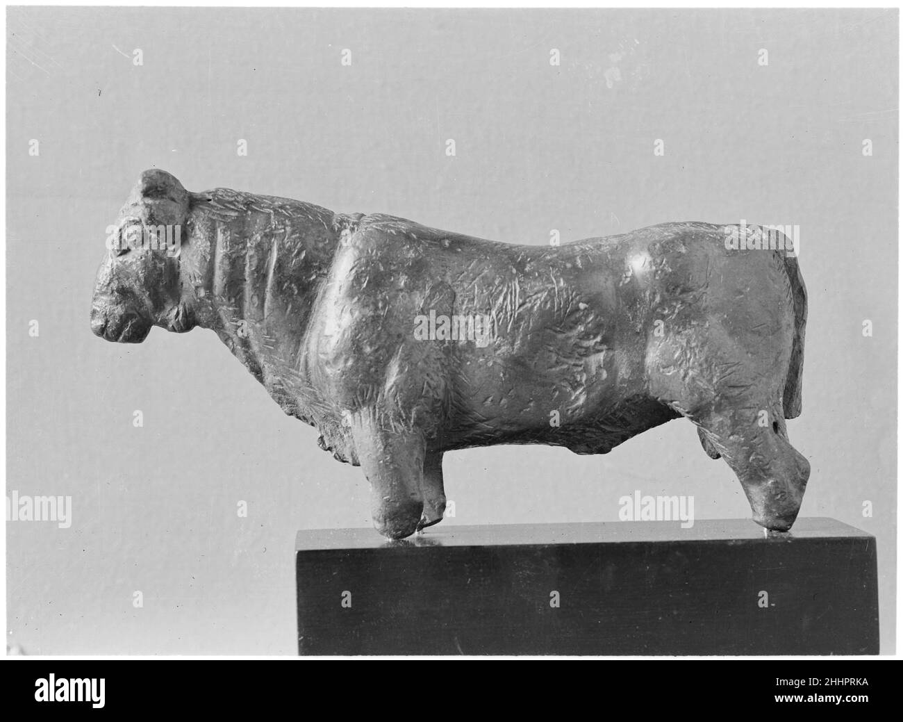 Bronze bull late 5th–early 4th century B.C. Greek Standing on all four legs, looking straight on. Hair is indicated in places with short, roughly incised lines.. Bronze bull. Greek. late 5th–early 4th century B.C.. Bronze. Classical. Bronzes Stock Photo