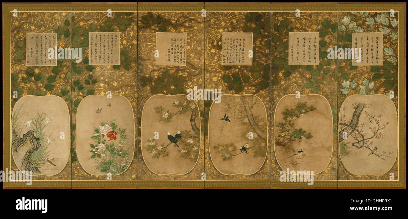 Birds and Flowers of the Twelve Months with Chinese Calligraphy 16th century; sheets of poetry, one dated 1553 Kano School Although traditionally it was common to paint entire scenes directly onto folding screens, alternatively, an allover design could be painted on the panels, to which small fans or albums of painting or calligraphy would then be attached. This set of screens is unusual in that the background design was painted on the screen with the knowledge that large paintings would be placed on top; that is, the screens were custom-made to accommodate these skillful bird-and-flower paint Stock Photo