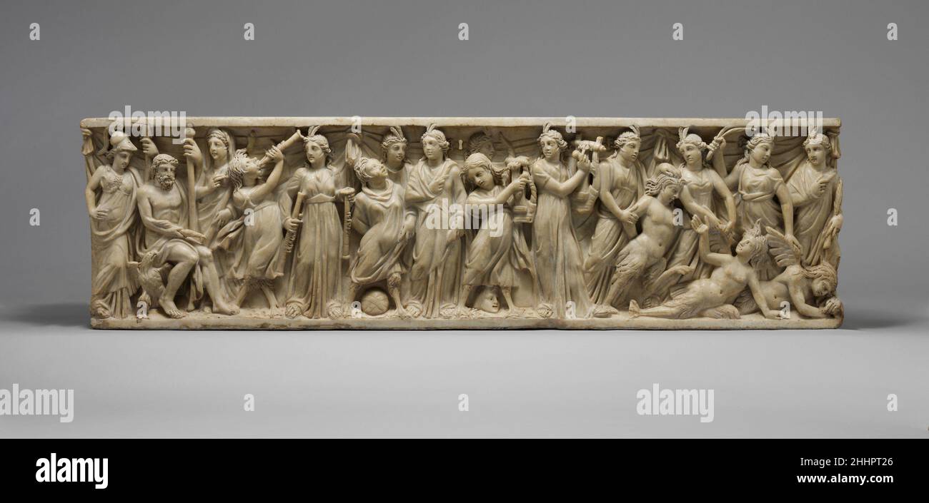 Marble sarcophagus with the contest between the Muses and the Sirens 3rd quarter of 3rd century A.D. Roman The deities Athena, Zeus, and Hera, assembled at the far left, preside over a musical contest betweenthe Muses and Sirens. The Muses, associated withthe highest intellectual and artistic aspirations, are defeating the Sirens, creatures that are half woman and half bird who lured men to destruction with their song.A drawing of the sarcophagus was commissioned by Cassiano dal Pozzo, one of the most respected patrons of art and scholarship in Rome during the first half of the seventeenth cen Stock Photo