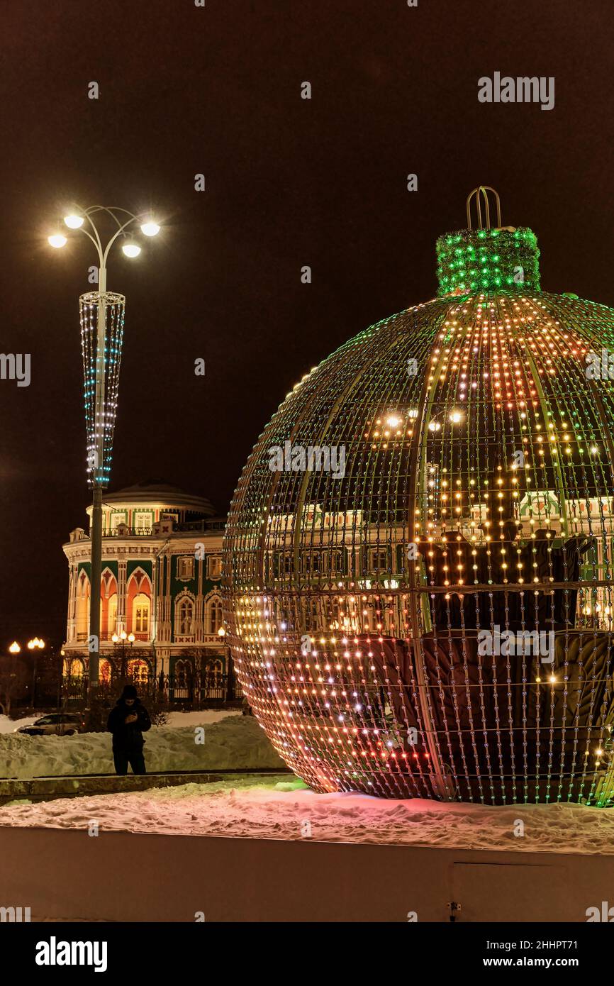 Huge ball from Christmas tree - New Year's decoration of street of Yekaterinburg, Russia. Stock Photo