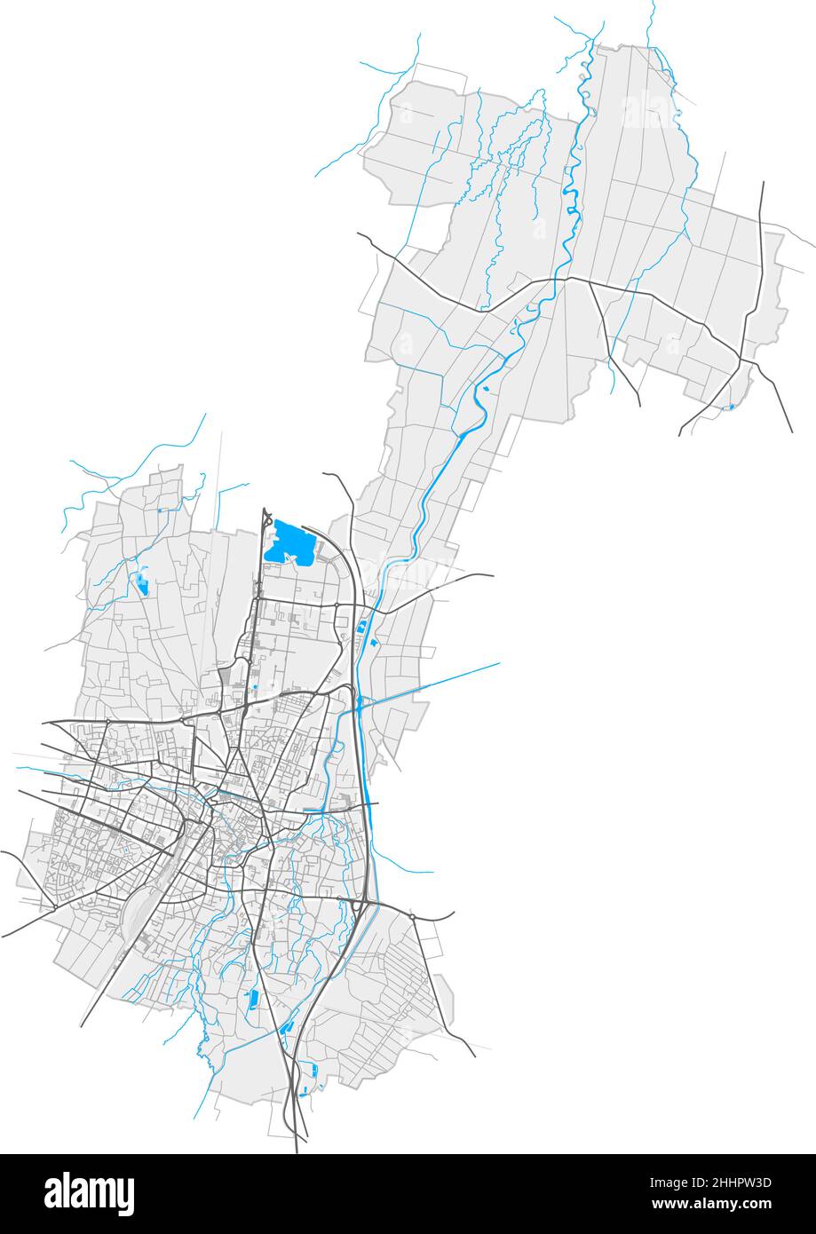 Colmar, Haut-Rhin, France high resolution vector map with city boundaries and editable paths. White outlines for main roads. Many detailed paths. Blue Stock Vector