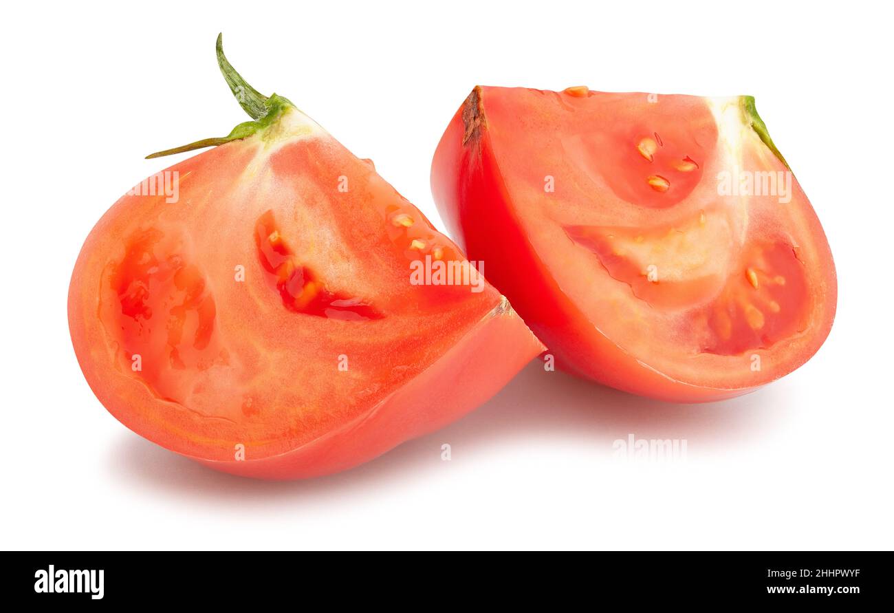 sliced pink tomato path isolated on white Stock Photo