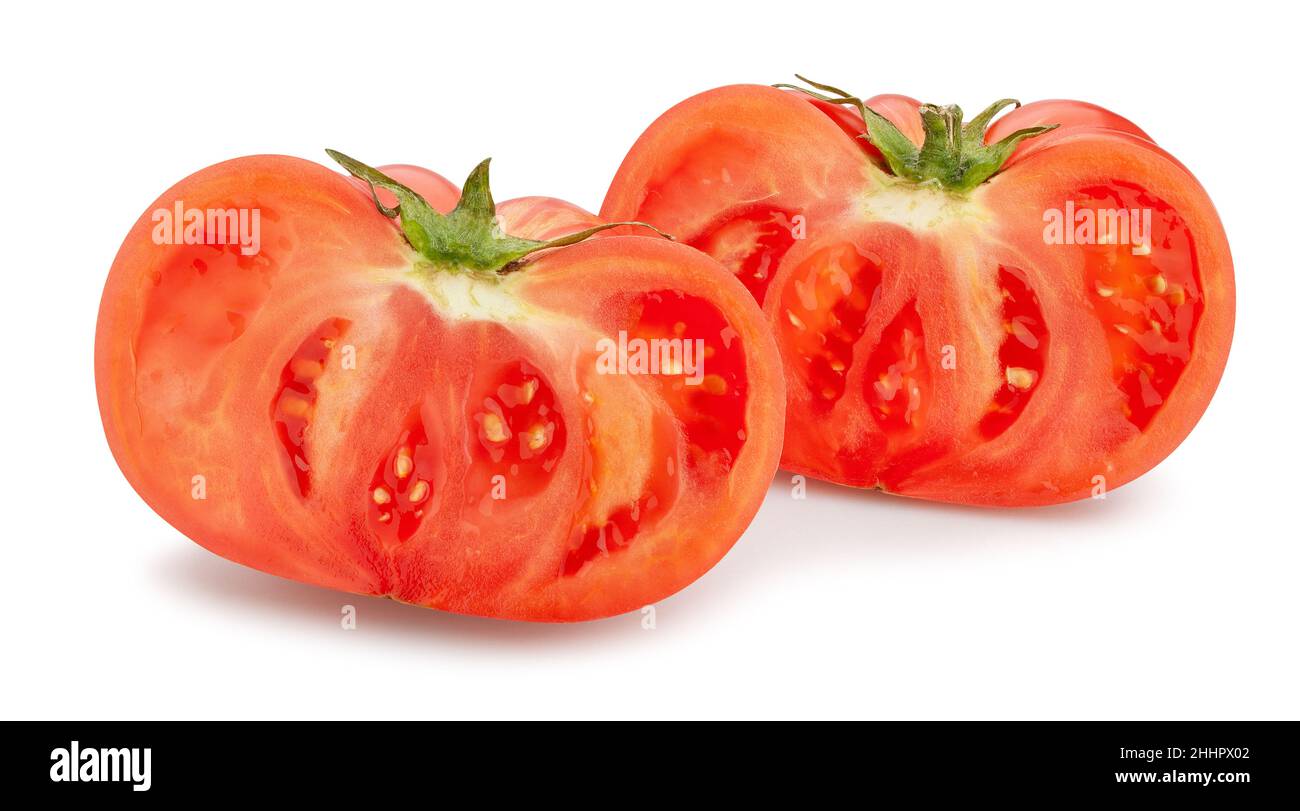 sliced pink tomato path isolated on white Stock Photo