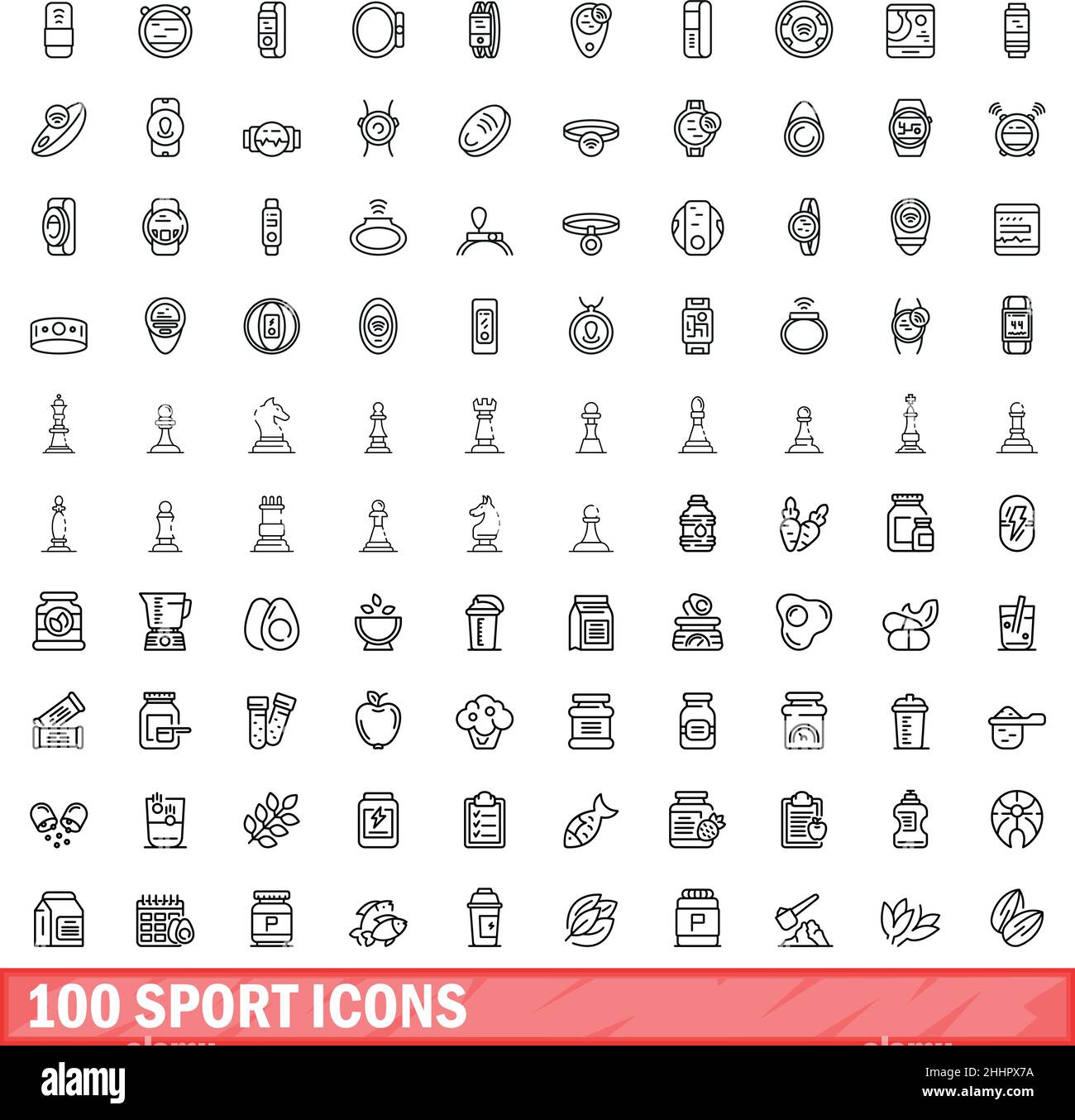 100 sport icons set. Outline illustration of 100 sport icons vector set isolated on white background Stock Vector