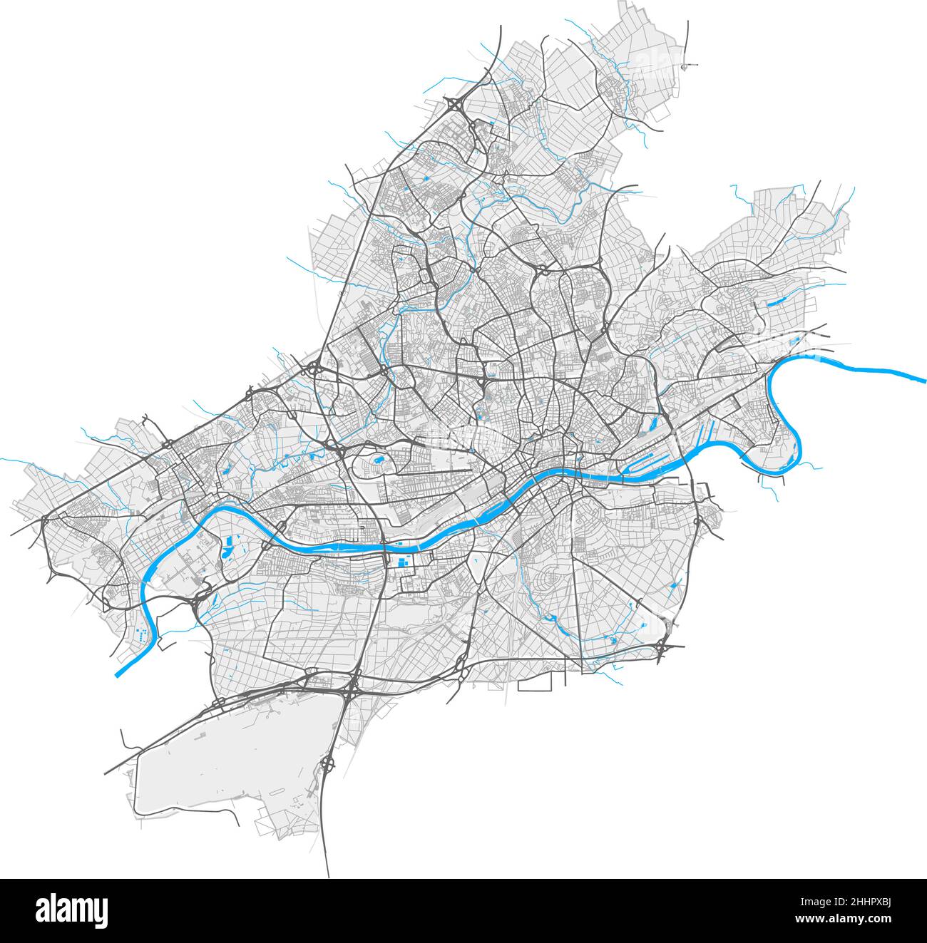 FrankfurtamMain, Hesse, Germany high resolution vector map with city boundaries and editable paths. White outlines for main roads. Many detailed paths Stock Vector