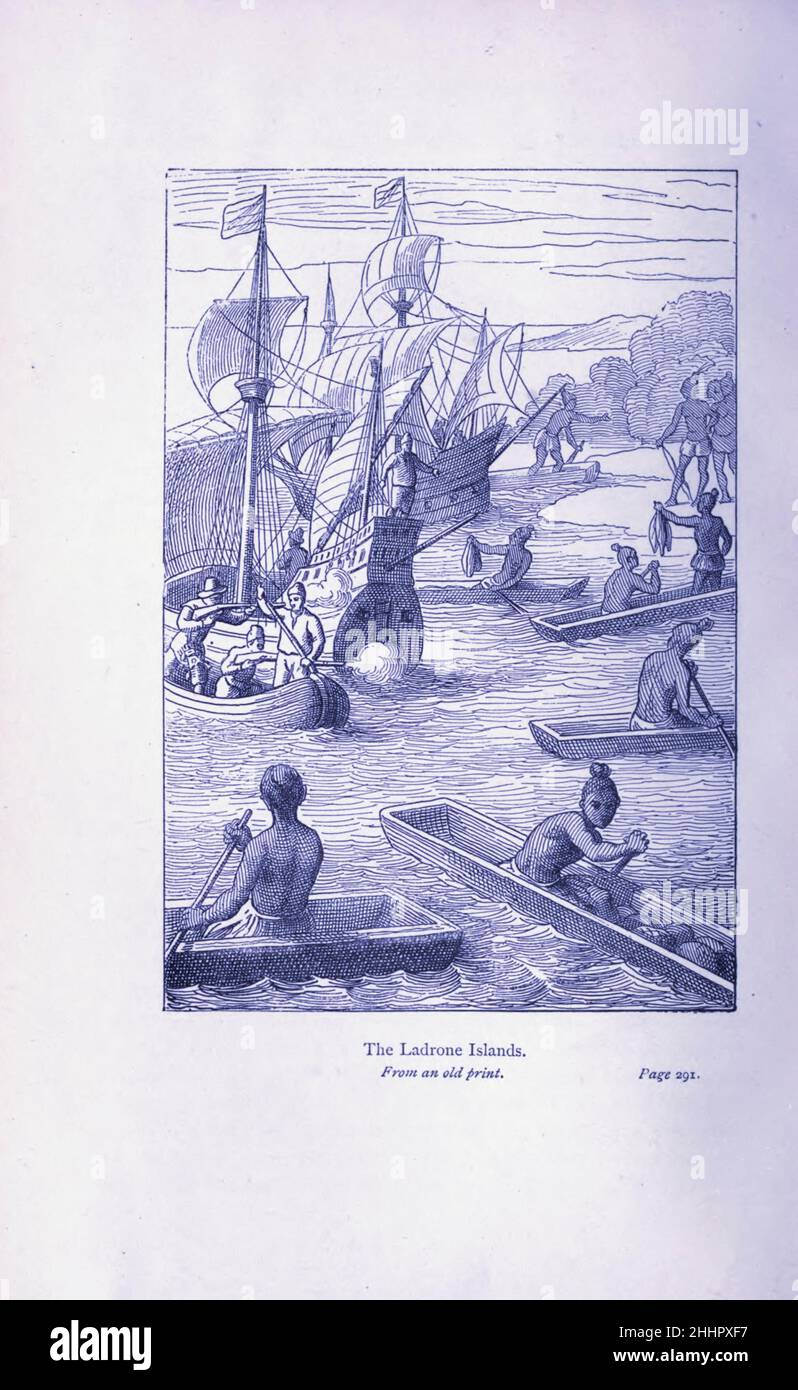 The Ladrone Islands [Mariana Islands] from The Exploration of the World, Celebrated Travels and Travellers, Celebrated Voyages by Jules Verne nonfiction. Published in three volumes from 1878 to 1880, Celebrated Travels and Travelers is a history of the explorers and adventurers who voyaged to the far reaches of the globe, discovered the wonders of exotic lands, and filled in the blank spaces on the world map. With illustrations by L. Benett and P. Philippoteaux, Stock Photo