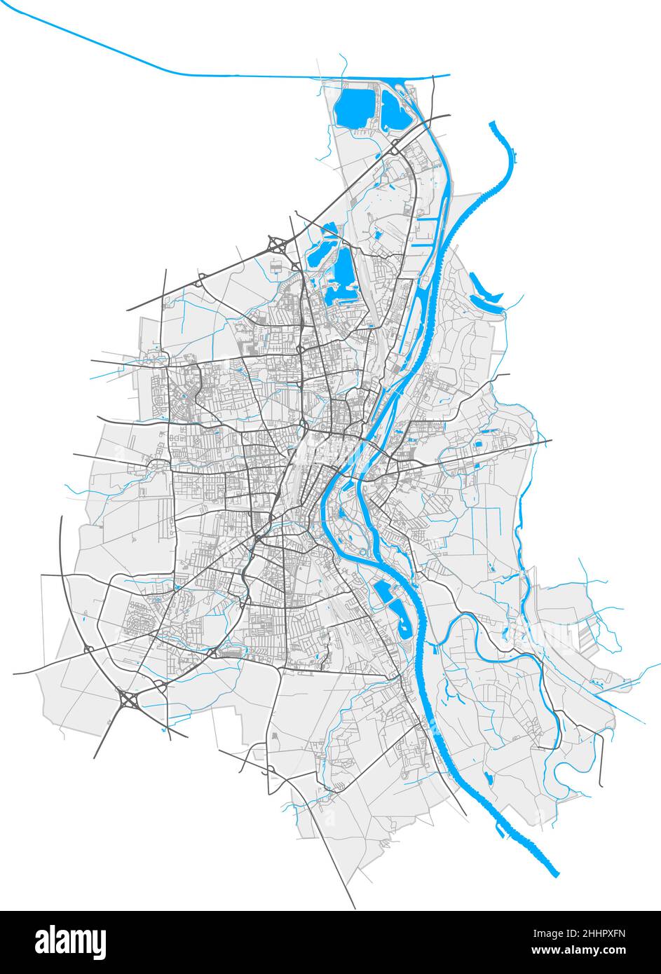 Magdeburg, Saxony-Anhalt, Germany high resolution vector map with city boundaries and editable paths. White outlines for main roads. Many detailed pat Stock Vector
