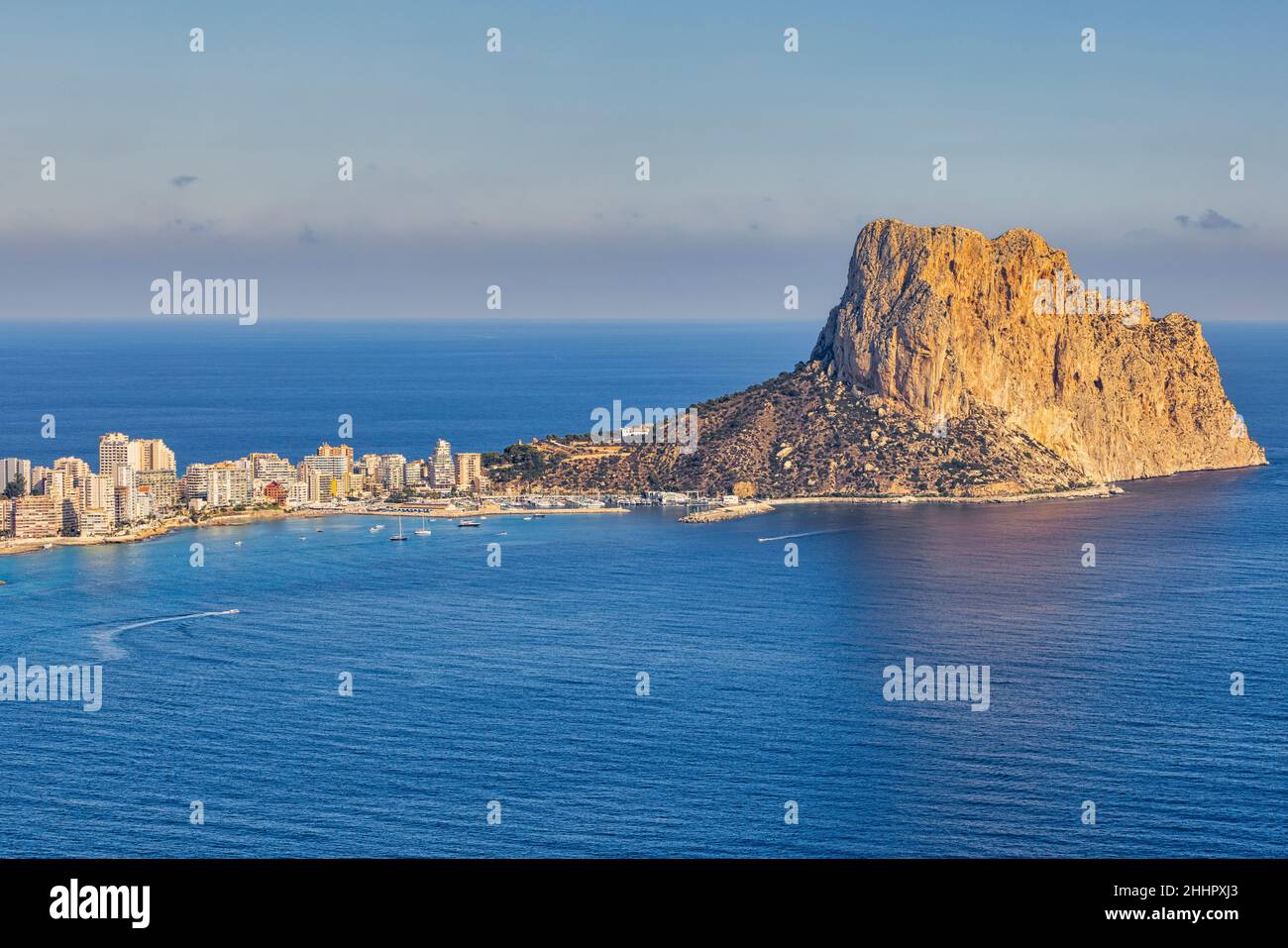 Calpe bay and the Rock of Ifach (or Penyal d'Ifac or Peñón de Ifach), Calpe, (or Calp), Alicante Province, Valencian Community, Spain.  Taken from the Stock Photo