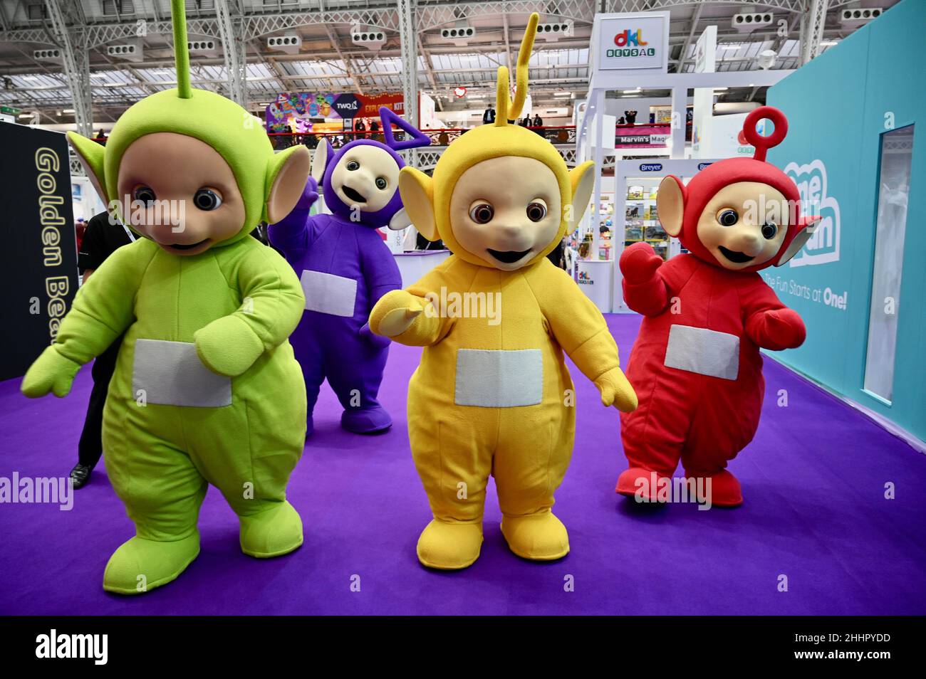 London, UK. Teletubbies, 68th Toy Fair held at Olympia Exhibition Centre the first following the COVID -19 Pandemic. The show themes are popular licenses, educational toys and family play. Credit: michael melia/Alamy Live News Stock Photo