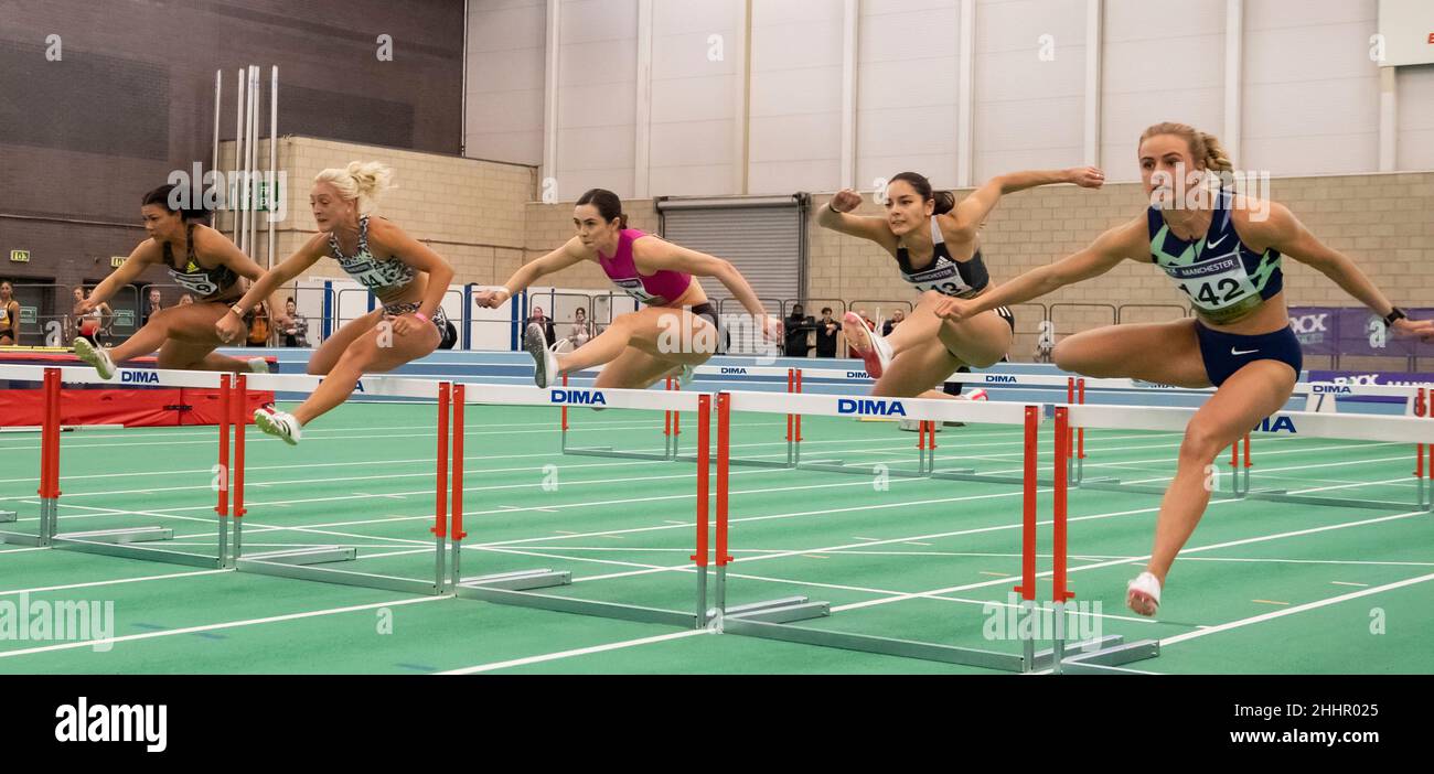 MANCHESTER - ENGLAND 23 JAN 22:  Alicia Barrett, Sarah Lavin, Heather Paton,  Kate Doherty and Mette Gravergaard competing in the 60m women’s hurdles Stock Photo