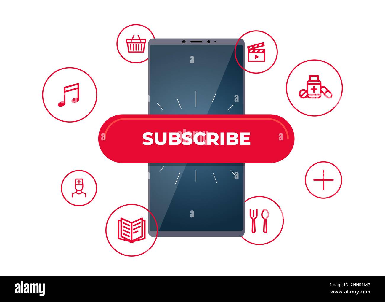 Online subscription services on smartphone screen. Finger press