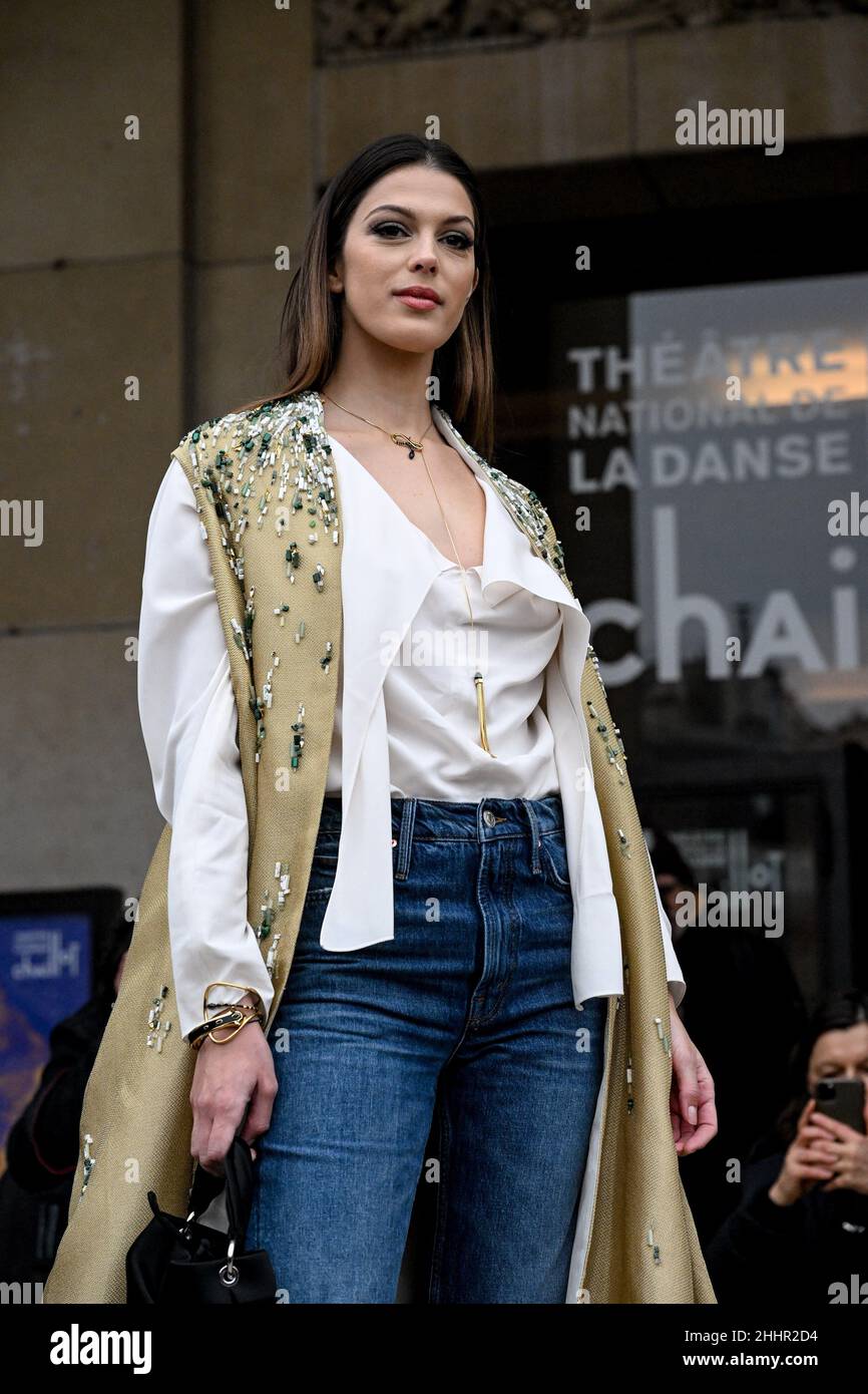 Iris Mittenaere arriving at the Stephane Rolland show during Paris