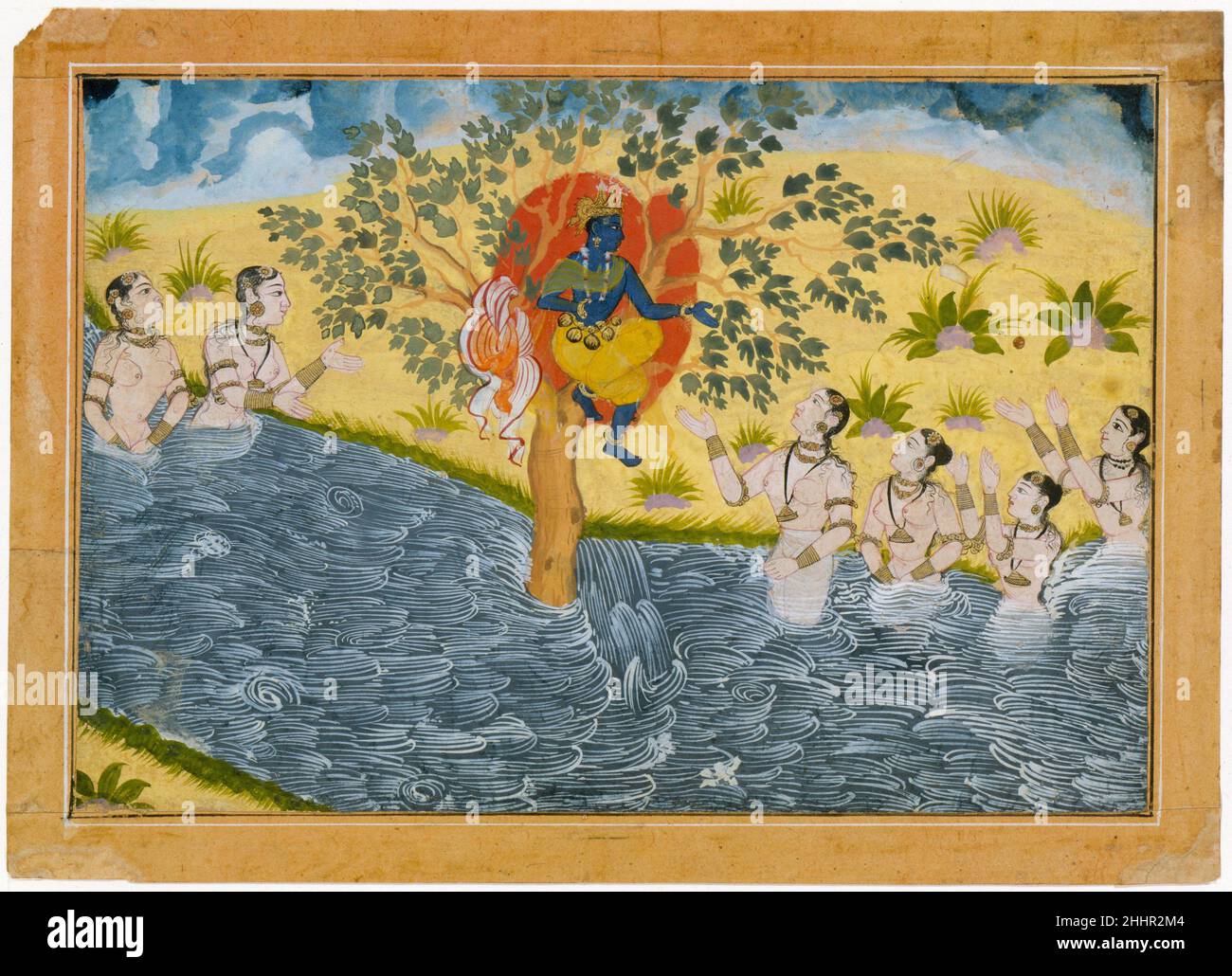 The Gopis Plead with Krishna to Return Their Clothing, Page from a Bhagavata Purana (Ancient Stories of Lord Vishnu) series ca. 1610 India (Rajasthan, Bikaner) Krishna sits high in a tree with the clothing he has playfully stolen from the bathing gopis (cow maids). They look on with love, praying for union with the god in a passionate expression of bhakti (devotional worship). The artist has employed a limited Rajput color scheme in conjunction with elements of Mughal derivation, such as the foliage and naturalistic treatment of the water.. The Gopis Plead with Krishna to Return Their Clothing Stock Photo