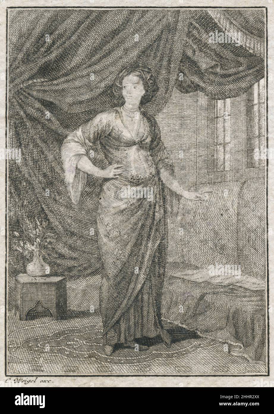 Antique 17th century engraving, 'a Greek lady in her room' (Eine Griechische Dame in ihrem Zimmer) by Johann Christoph Weigel, known as Christoph Weigel the Elder (1654-1725). SOURCE: ORIGINAL ENGRAVING Stock Photo