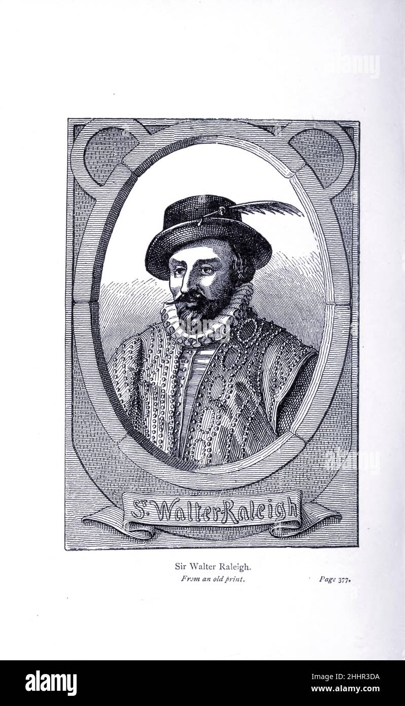 Sir Walter Ralegh (c. 1552 – 29 October 1618), also spelled Raleigh, was an English statesman, soldier, writer and explorer. One of the most notable figures of the Elizabethan era, he played a leading part in English colonisation of North America, suppressed rebellion in Ireland, helped defend England during the Spanish Armada and held political positions under Elizabeth I.  from The Exploration of the World, Celebrated Travels and Travellers, Celebrated Voyages by Jules Verne nonfiction. Published in three volumes from 1878 to 1880, Celebrated Travels and Travelers is a history of the explore Stock Photo