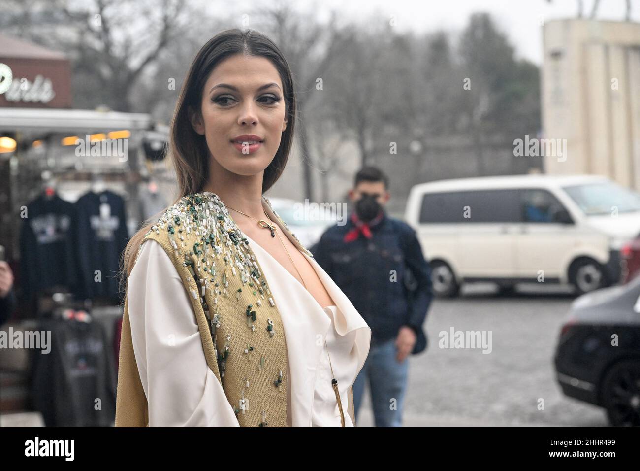 Iris Mittenaere arriving at the Stephane Rolland show during Paris
