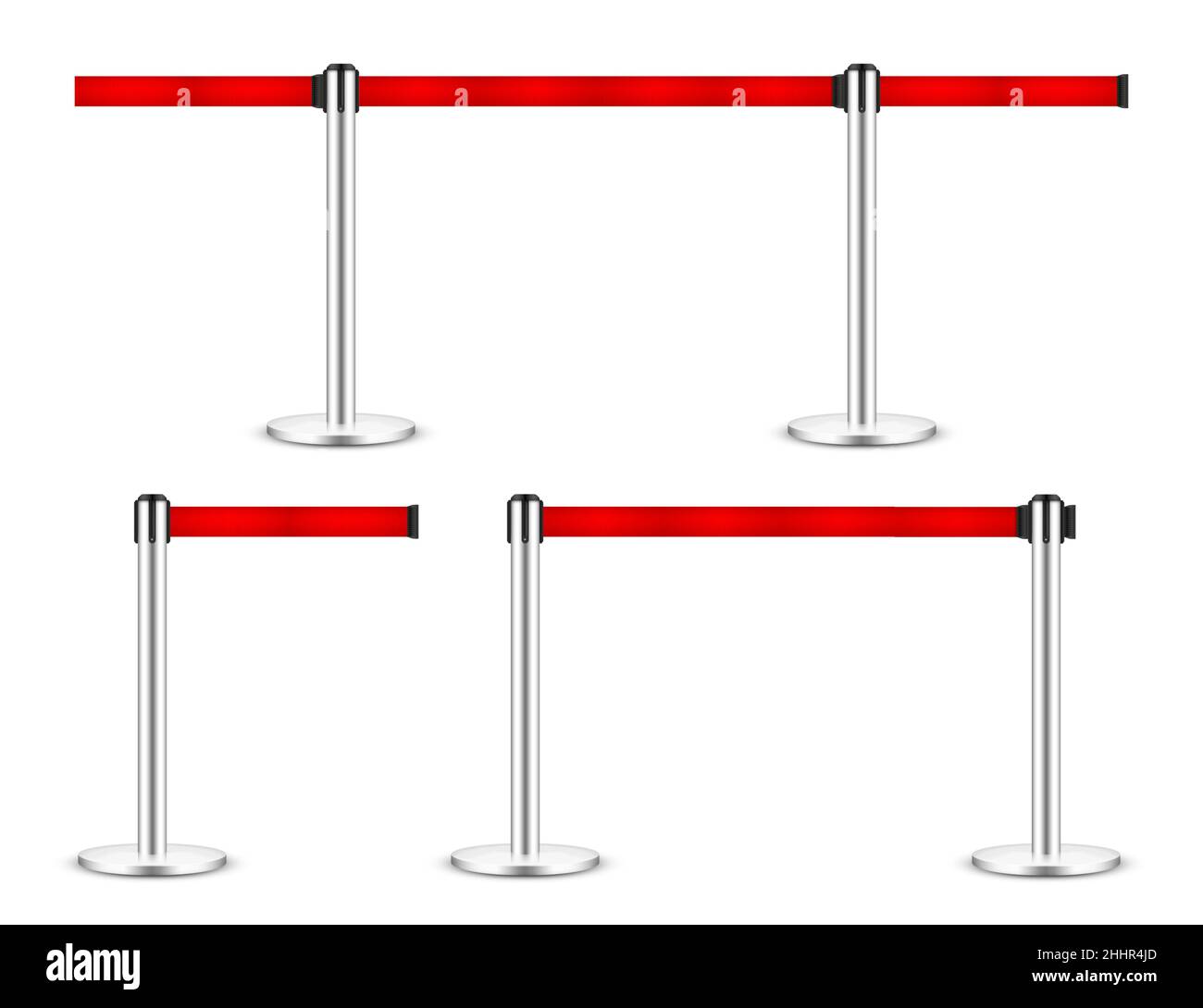Realistic vector retractable belt stanchion. Crowd control barrier posts with caution strap