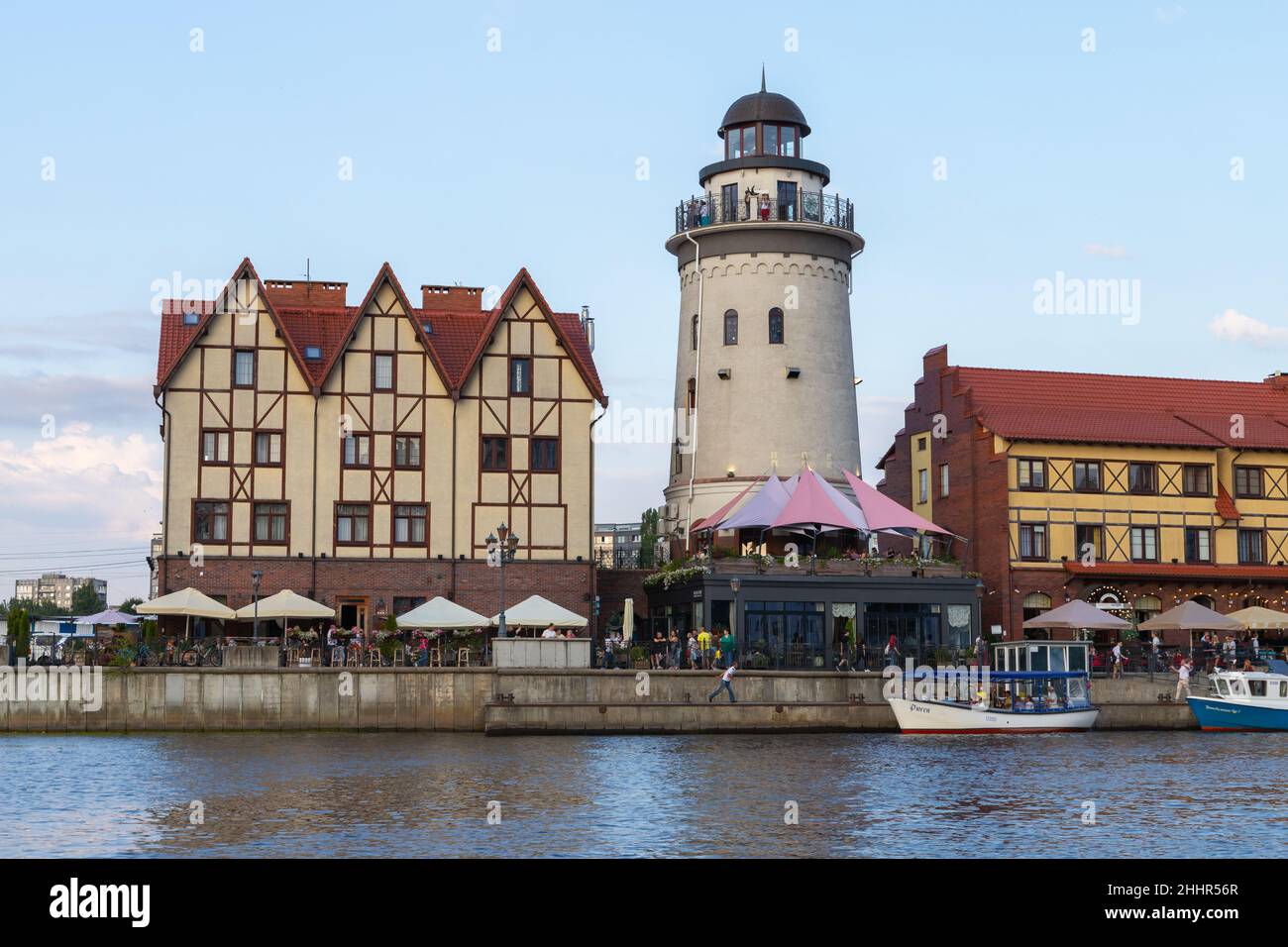 Kaliningrad, Russia - July 30, 2021: Coastal view of the Fishing village, district of Kaliningrad city, cityscape photo with lighthouse tower and hote Stock Photo