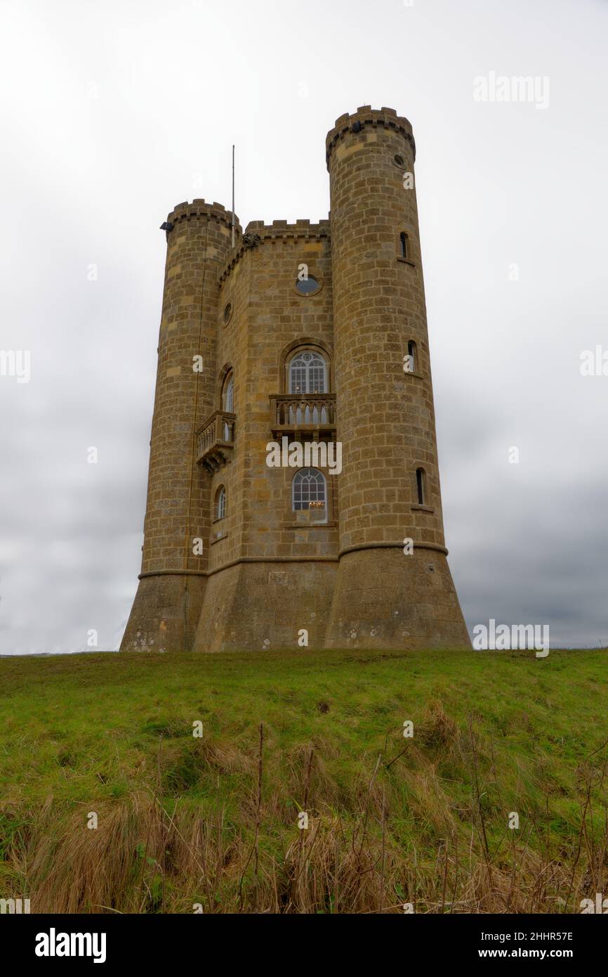 View of the Broadway Tower on the Broadway Hill n the Cotswolds Stock Photo