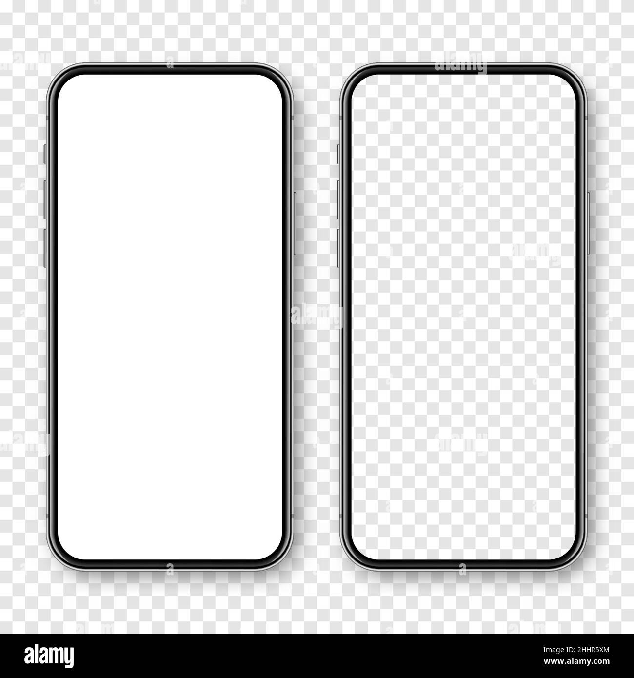 Realistic smartphone with blank touch screen on checkered background. Frameless mobile phone in front view. High quality detailed device mockup Stock Vector