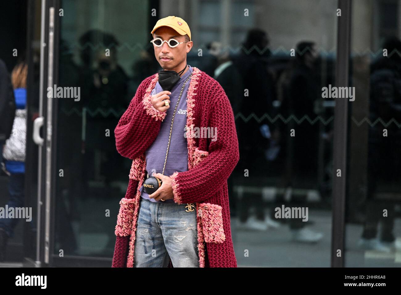 Pharrell Williams arriving at the Chanel show during Paris Fashion