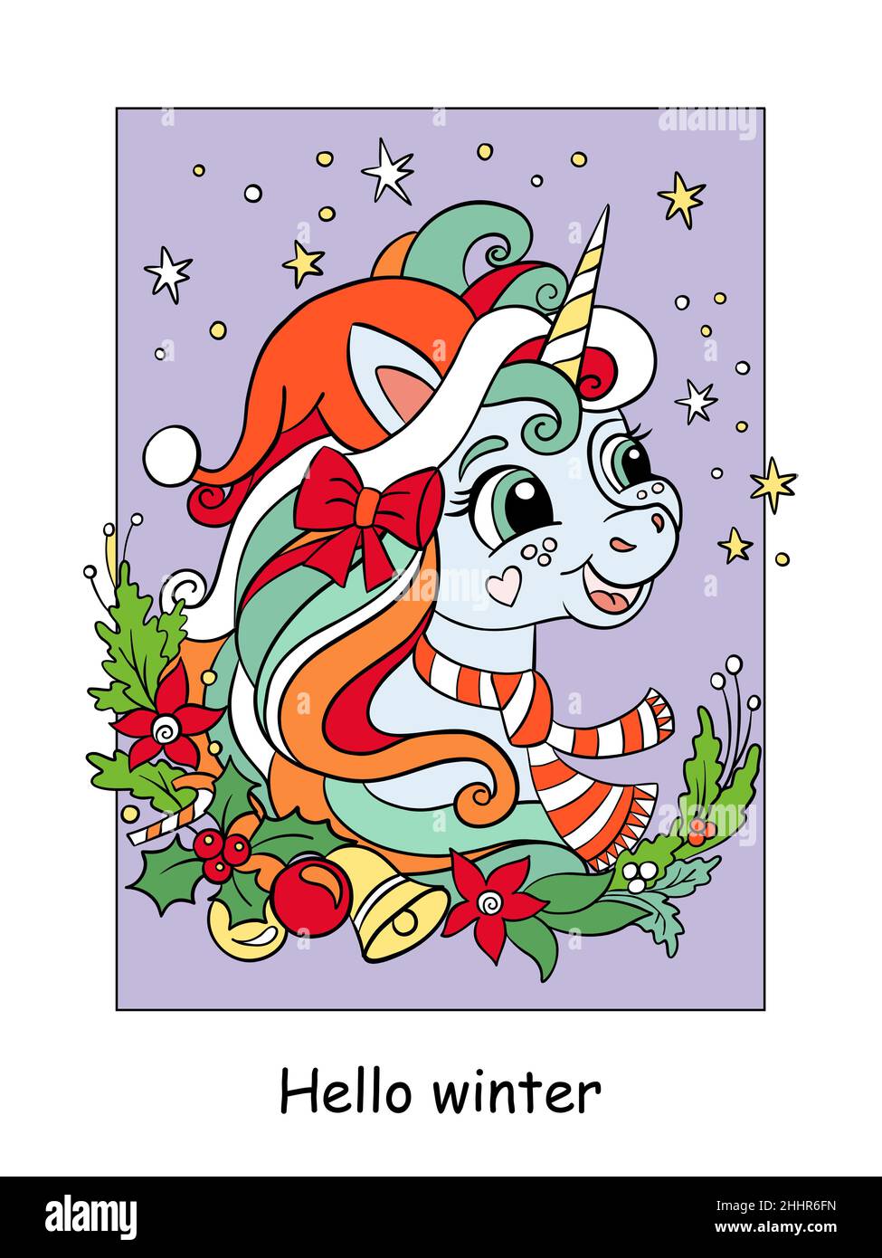 cute-and-funny-cute-head-of-unicorn-with-christmas-wreath-on-a-starry-background-vector-cartoon-illustration-for-card-print-design-stickers-deco-stock-vector-image-art-alamy